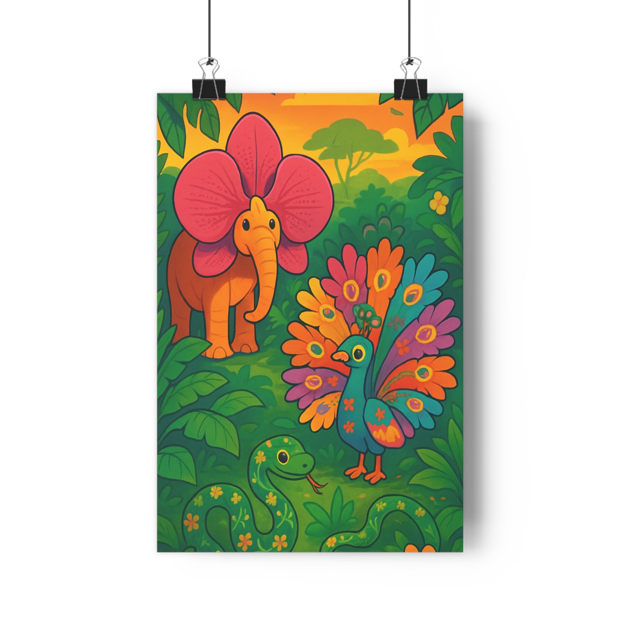 Poster décoratif cartoon exotique vert orange rose bleu joyeux chambre salon botanique faune flore