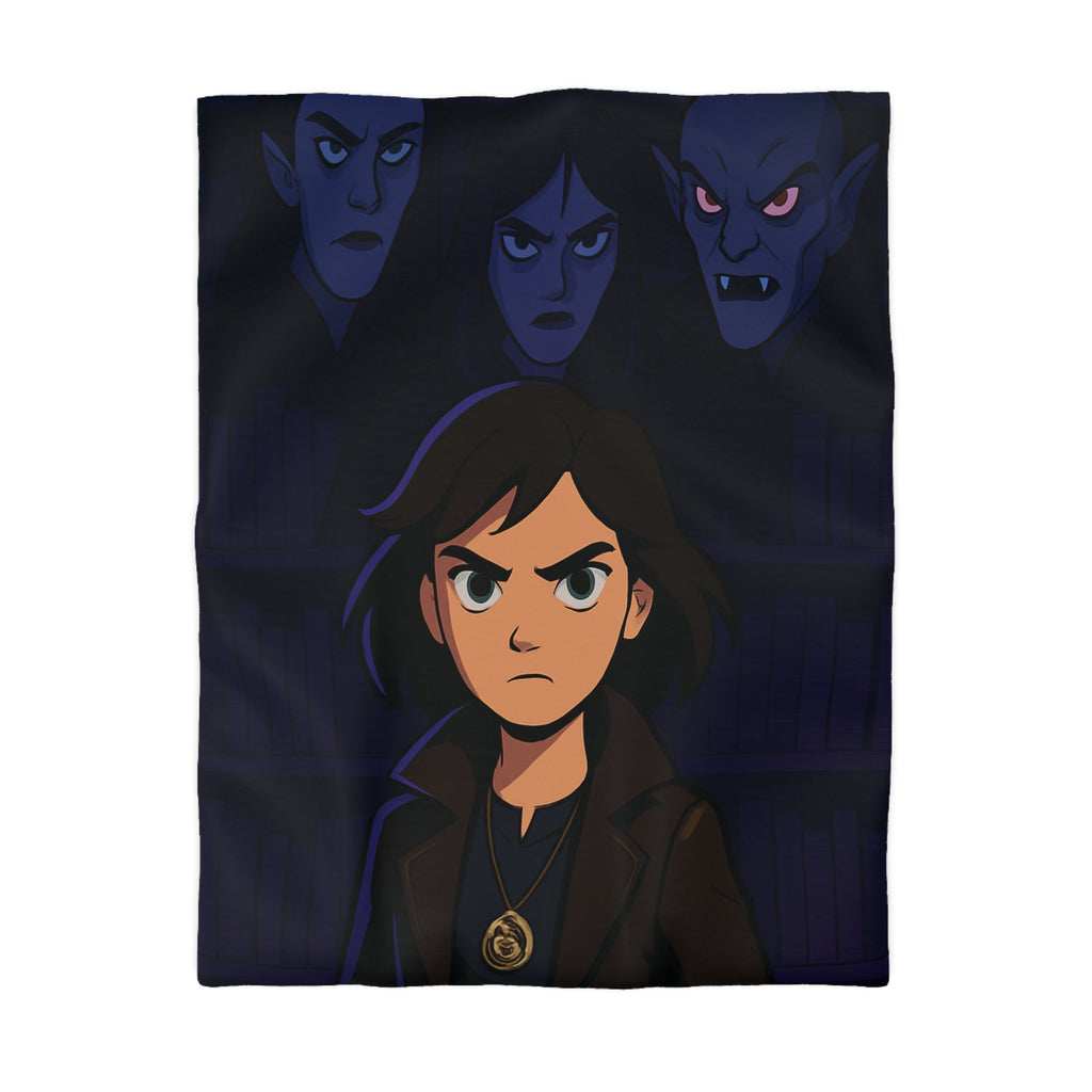 Housse de couette mystérieuse avec personnage sombre et biblio-thème style graphique