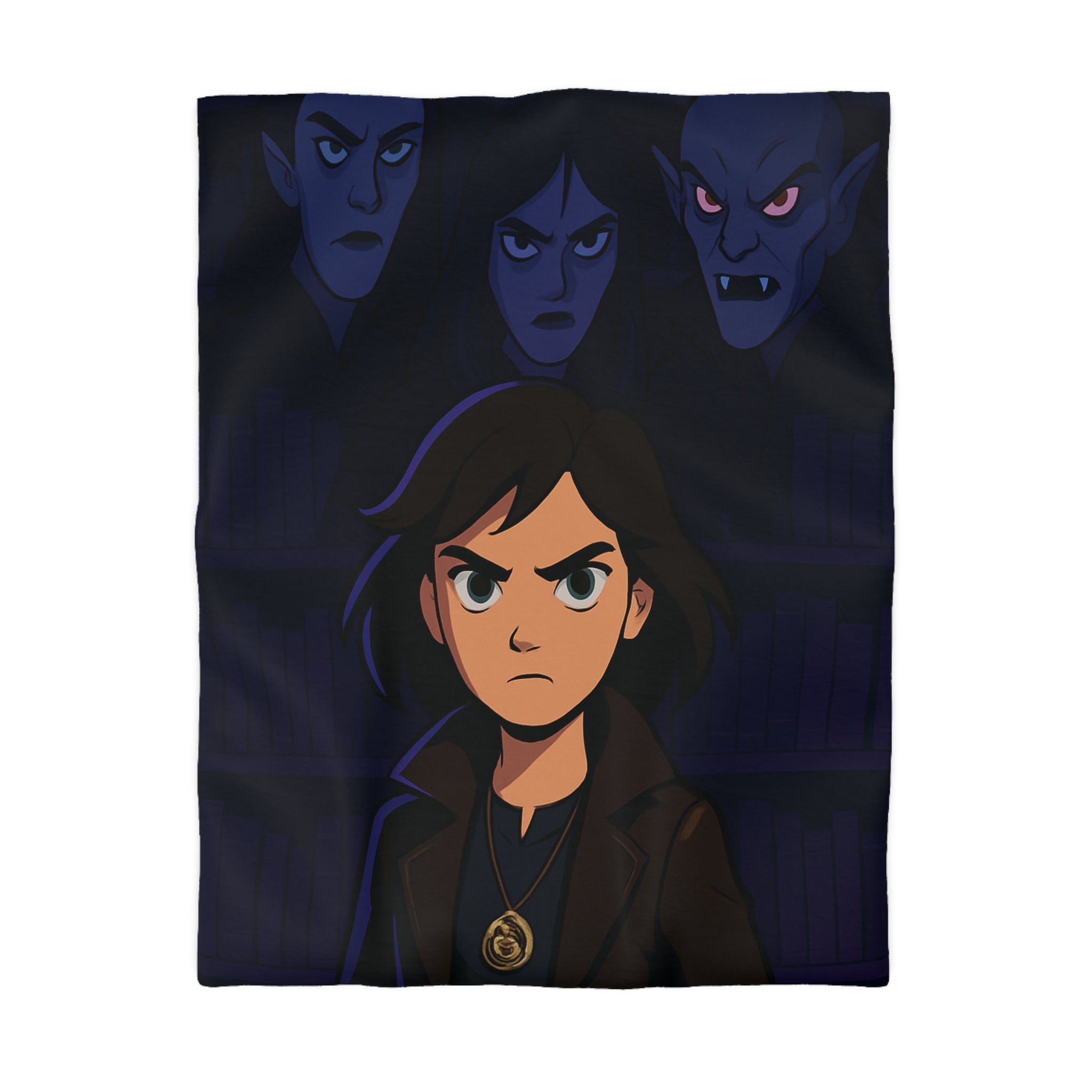 Housse de couette mystérieuse avec personnage sombre et biblio-thème style graphique