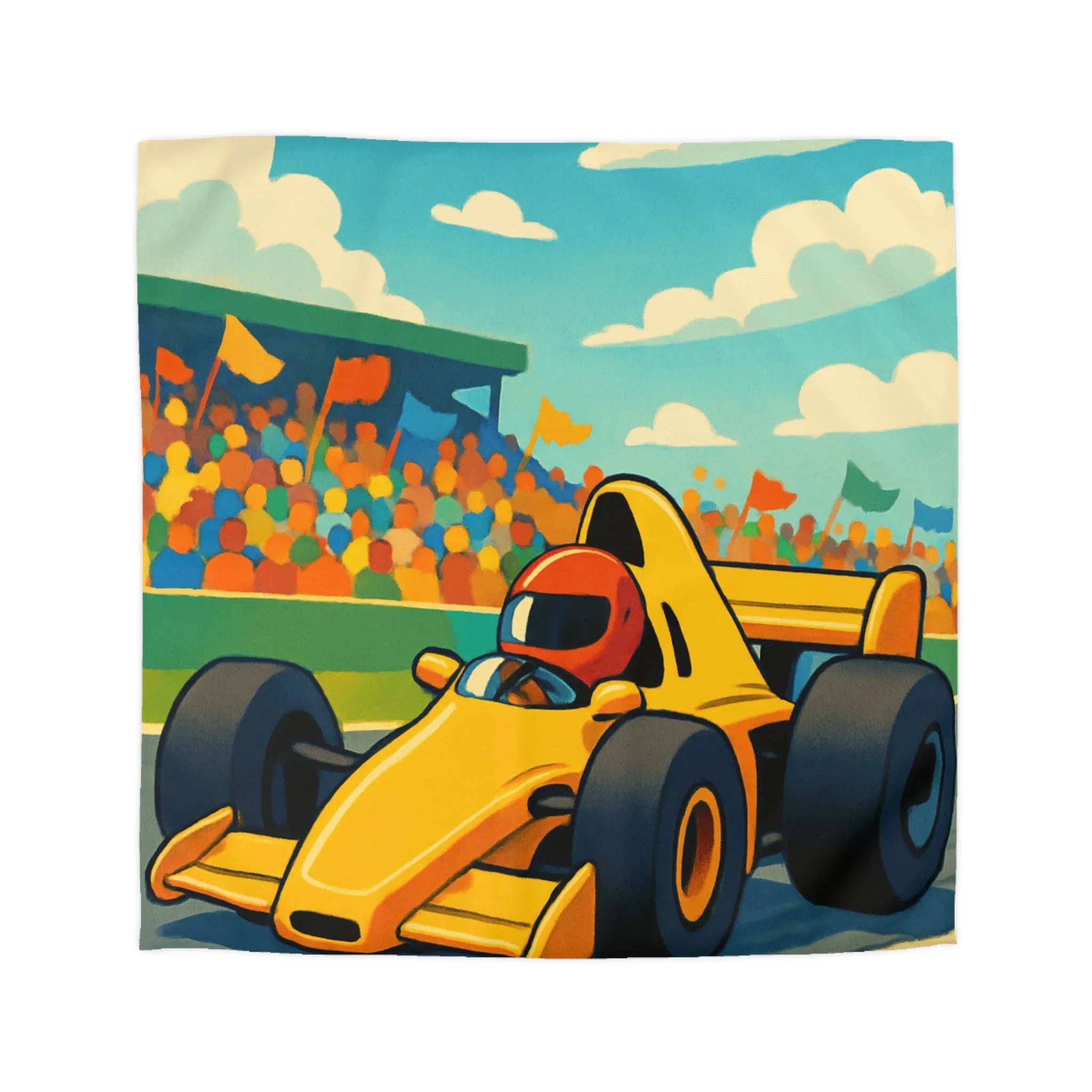 Housse de couette enfant voiture de course jaune circuit ambiance dynamique et colorée