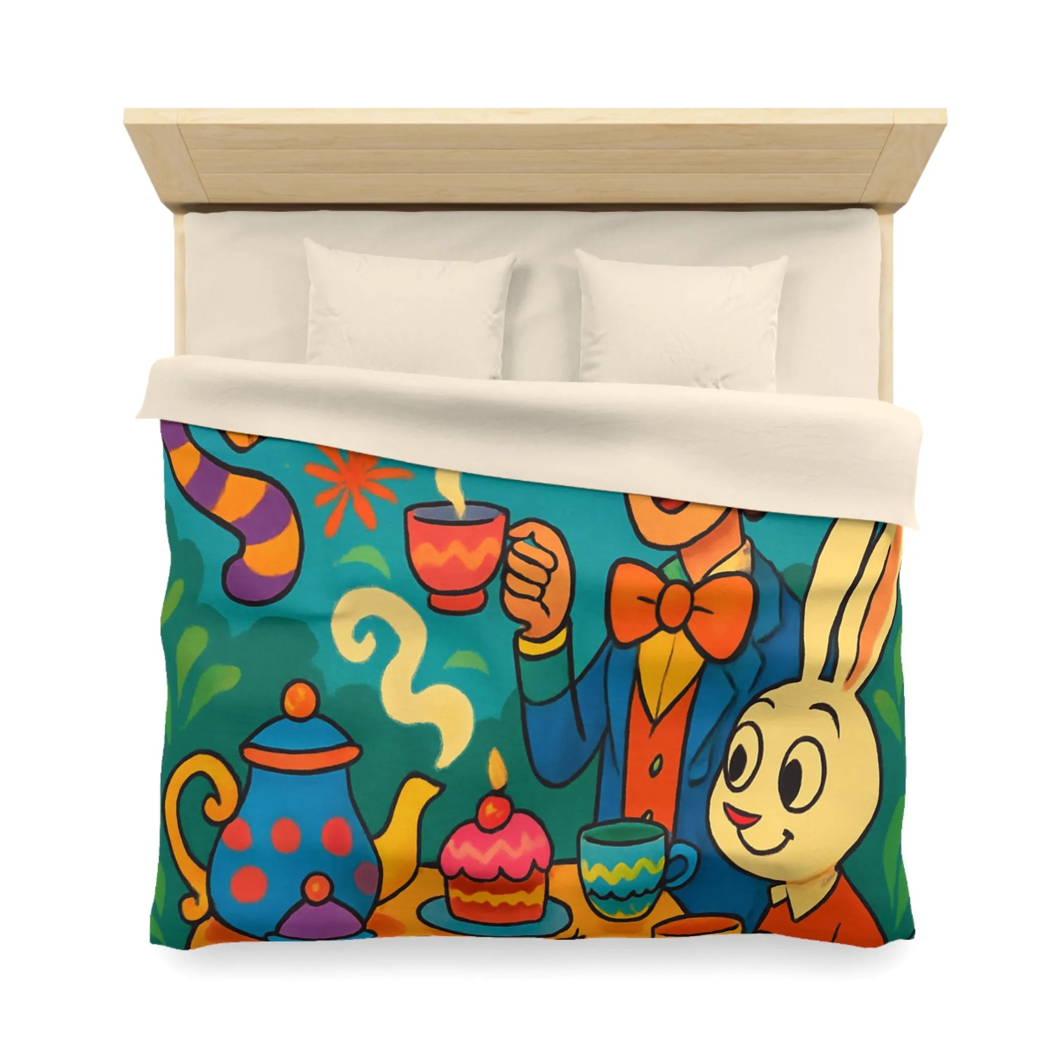 Housse de couette colorée avec scène de thé joyeuse inspirée d'un conte fantaisiste