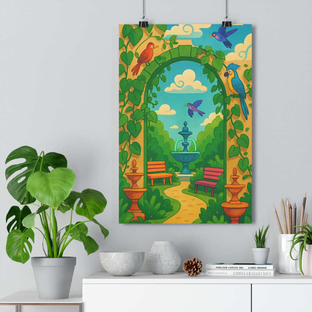 Poster décoratif oasis urbain jardin enchanteur moderne coloré joyeux salon nature relaxant ambiance unique