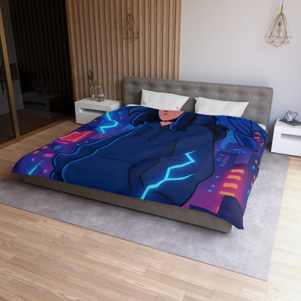 Tendance housse de couette bleu foncé avec motif urbain et perroquet électrique