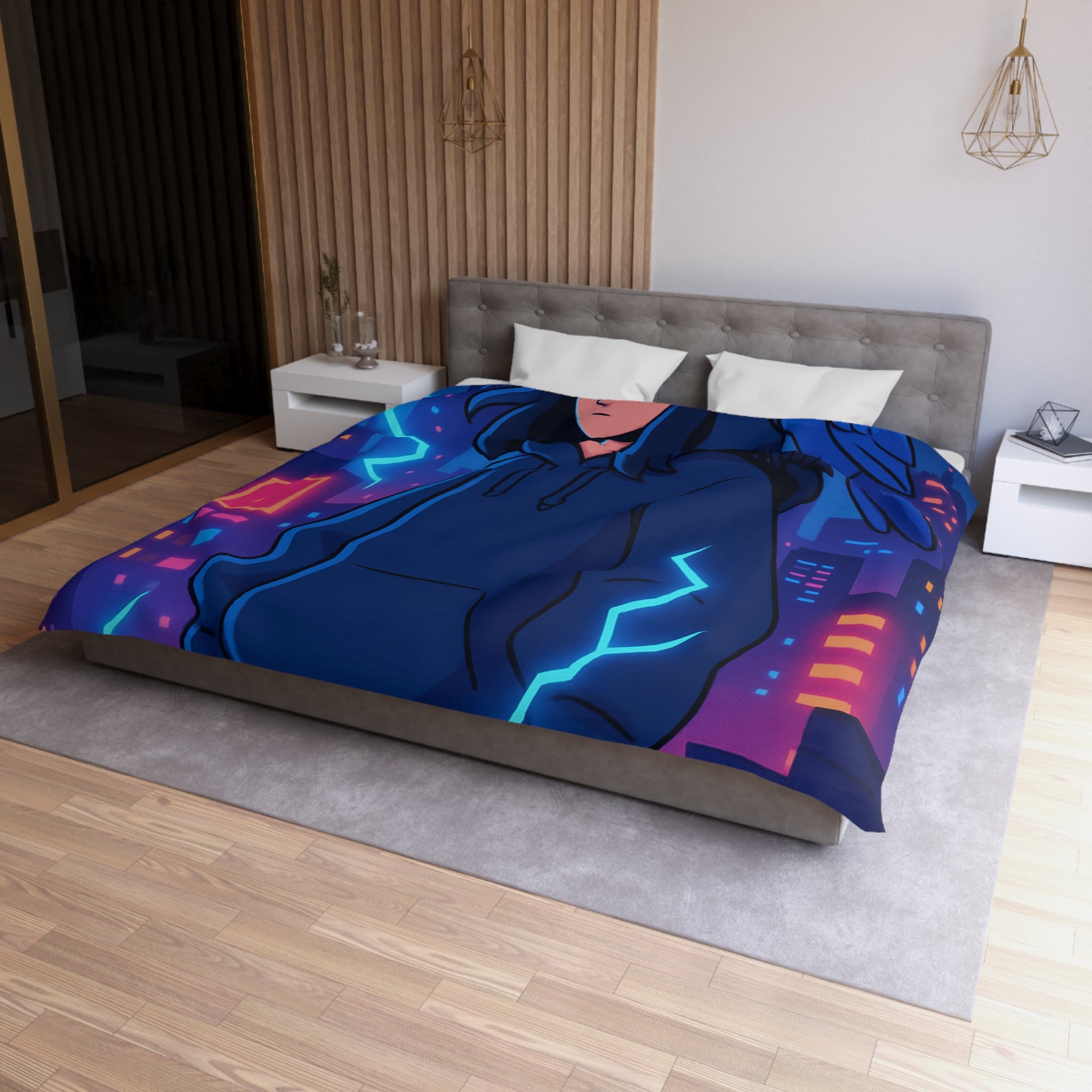 Tendance housse de couette bleu foncé avec motif urbain et perroquet électrique