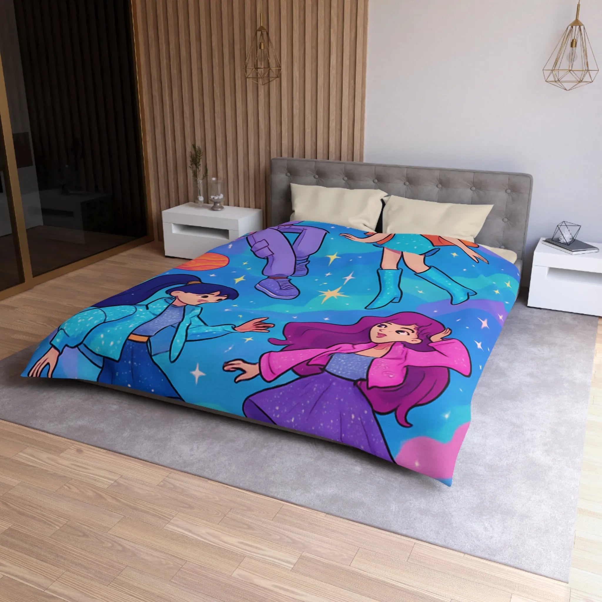 Housse de couette colorée avec filles dans l'espace et étoiles scintillantes joyeuses