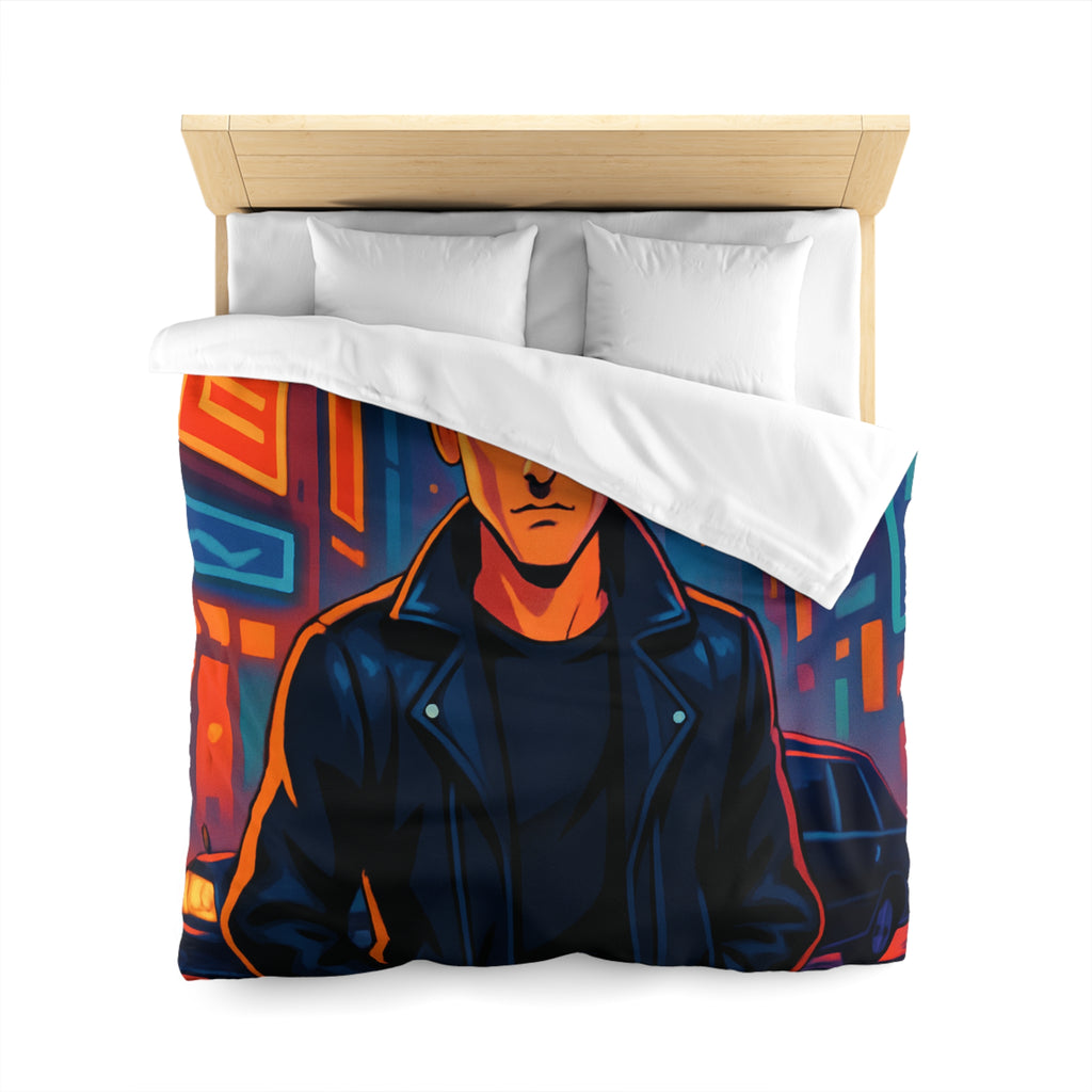 Housse de couette style rétro avec personnage en ville lumineuse sous pleine lune