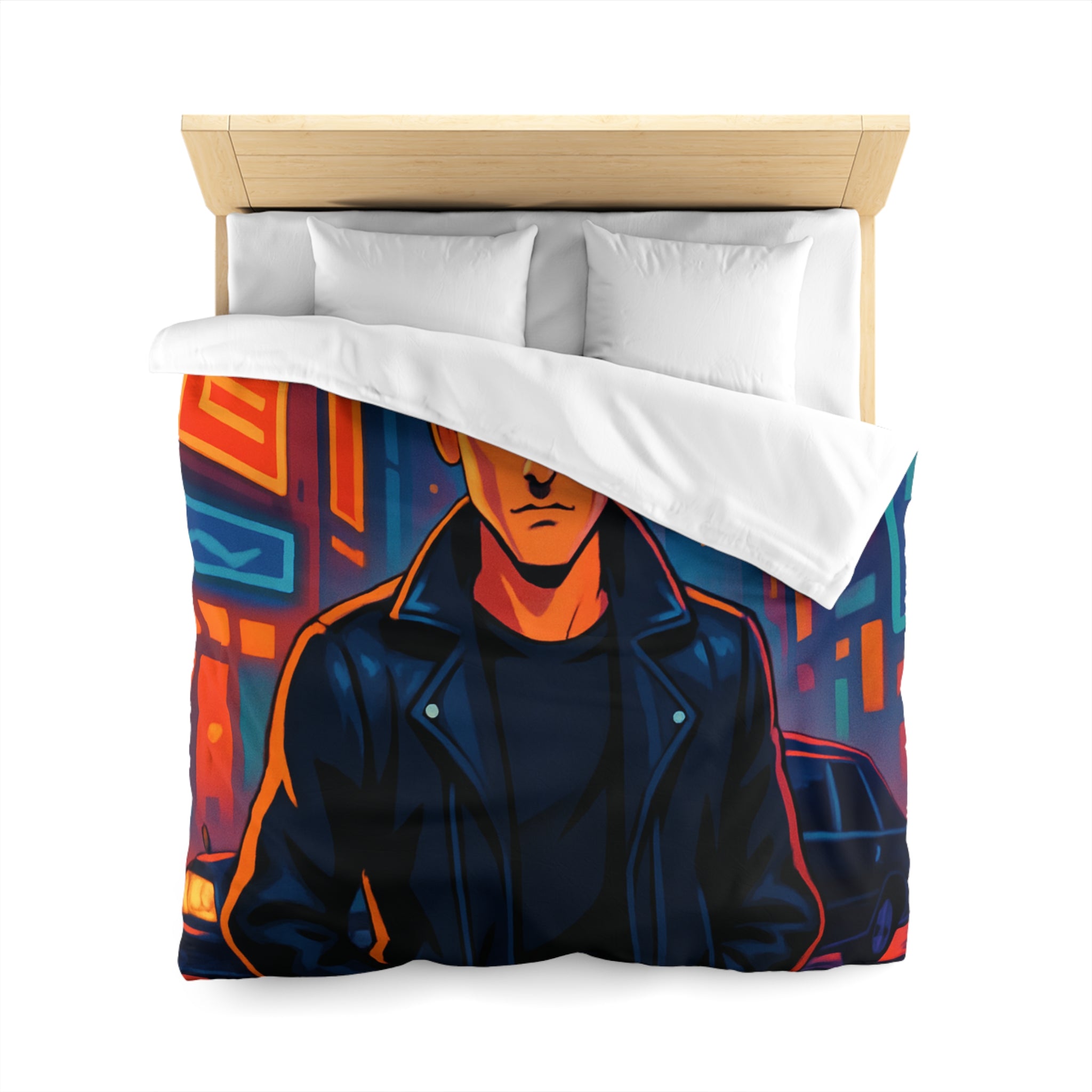 Housse de couette style rétro avec personnage en ville lumineuse sous pleine lune