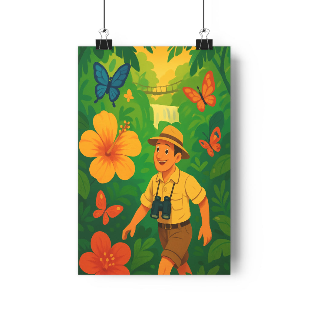 Poster décoratif jungle aventurier vert orange cartoon aventure chambre enfant joyeux vibrant nature artistique