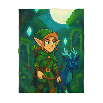 Housse de couette elfe foret dense cerf bleu arbre vert lune brillante arches anciennes ambiance mystérieuse style cartoon ombres douces