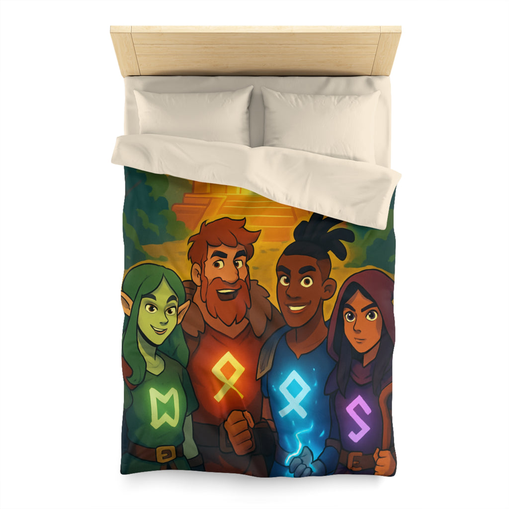 Housse de couette vibrant avec aventure illustrée de quatre héros devant un ancien temple
