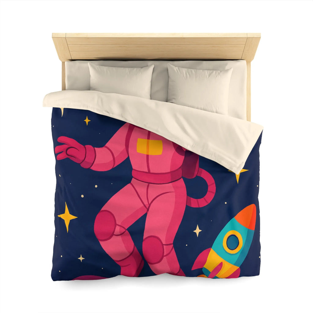 Housse de couette enfant avec astronaute rose et planètes colorées en fond spatial