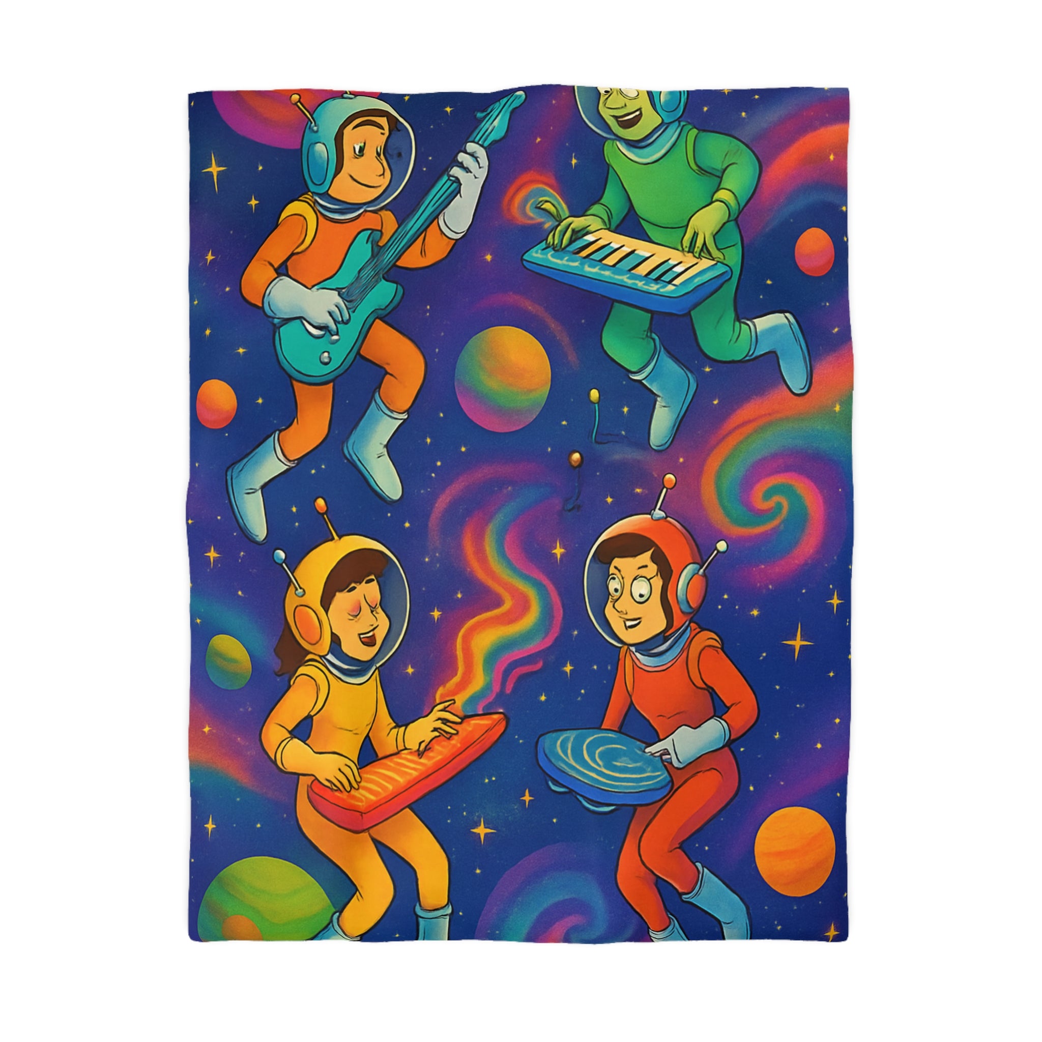 Housse de Couette Spatiale Psychédélique avec Astronautes Musiciens et Planètes Colorées