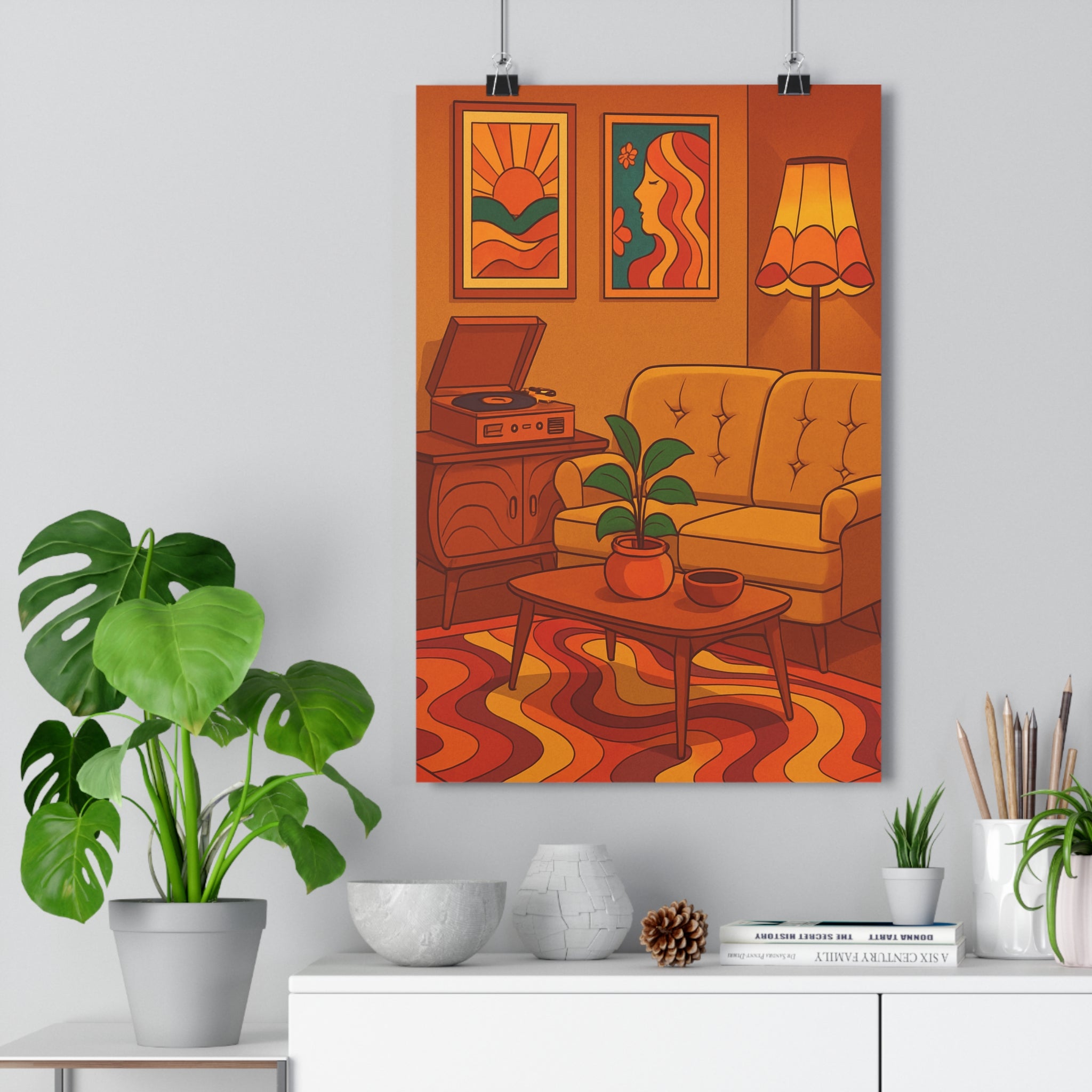 Poster décoratif rétro jaune moutarde vintage salon cartoon joyeux canapé lampe bois plante tableau