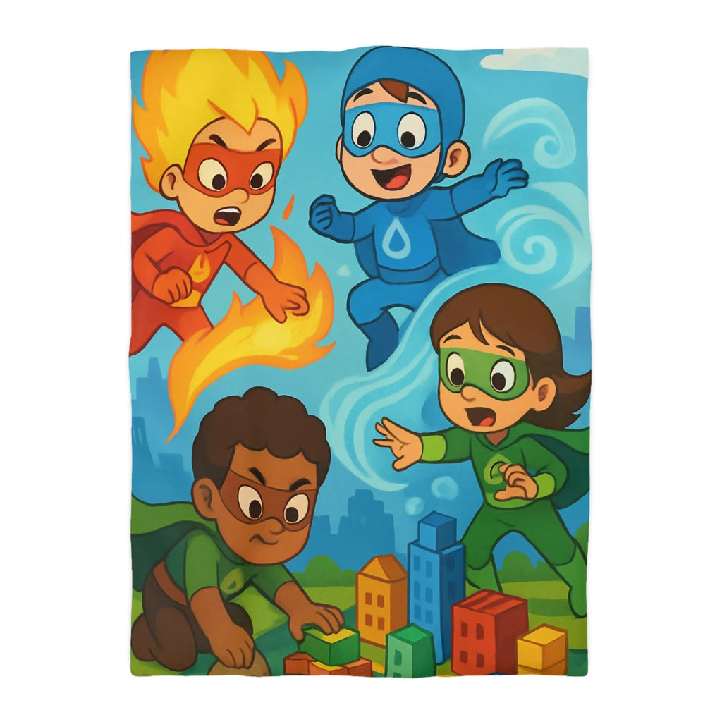 Housse de couette enfant avec super-héros colorés en action dans une ville imaginaire