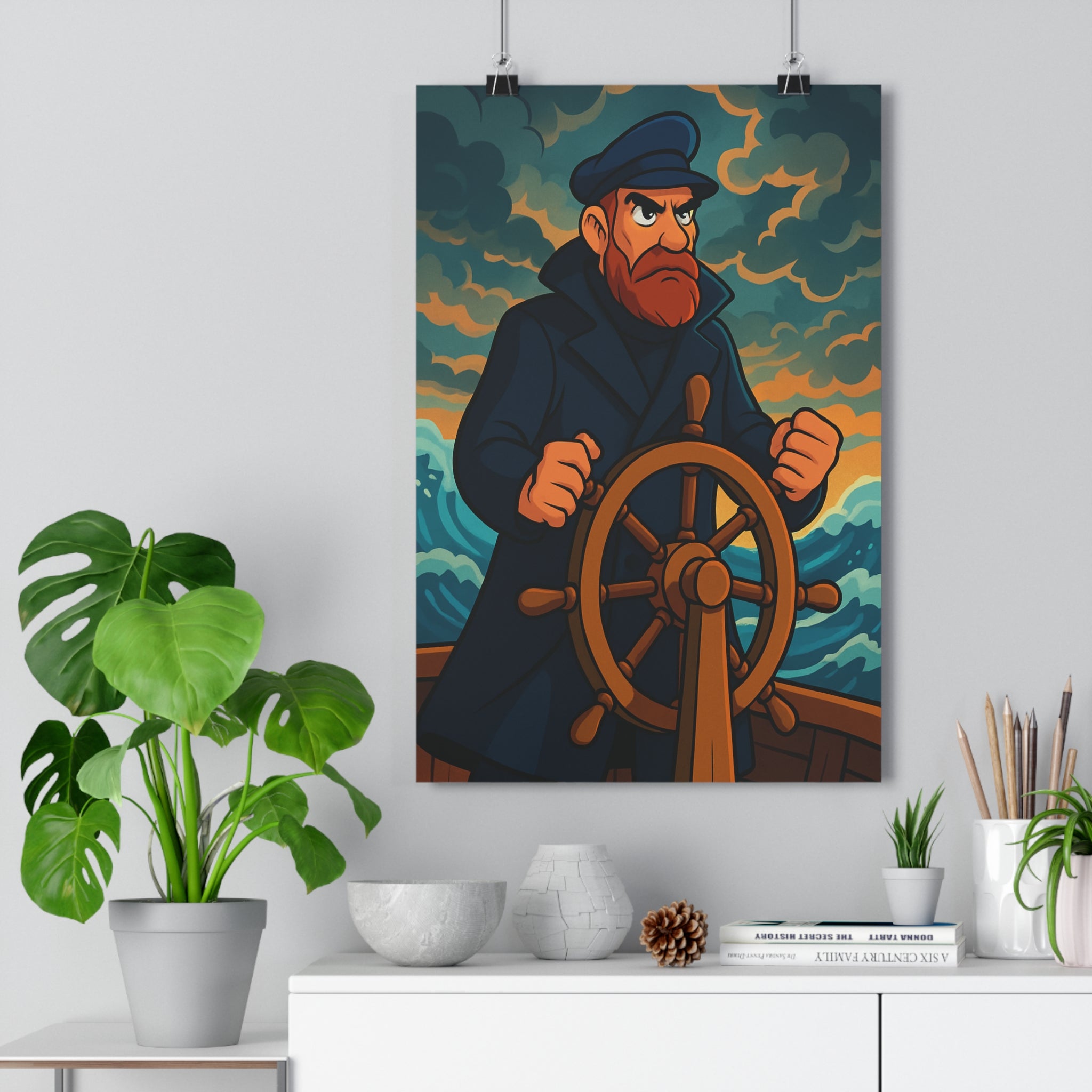 Poster décoratif marin vintage aventure dramatique bleu beige salon bureau nuageux intense tendance épique