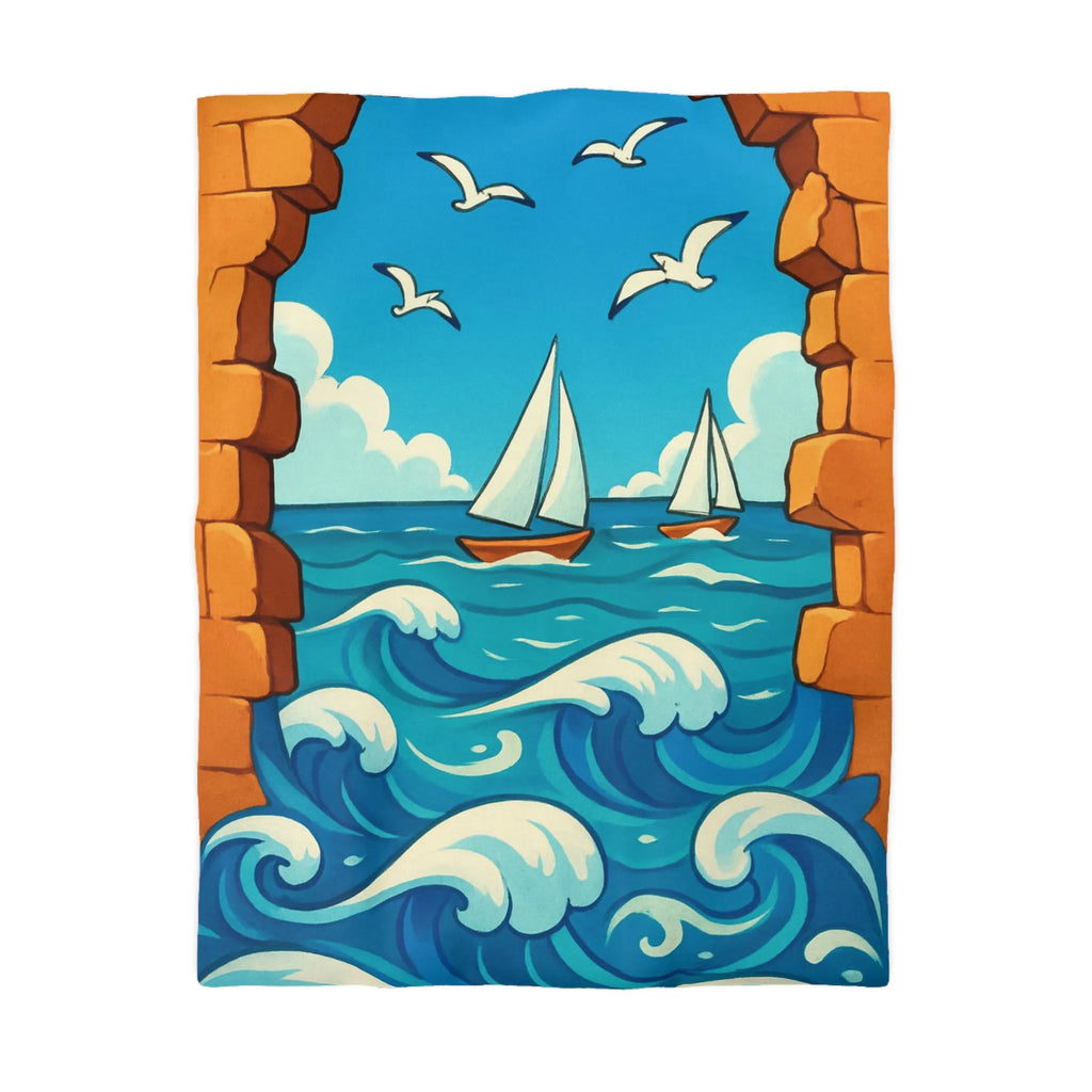 Housse de couette avec voiliers et mer, ambiance estivale bleu et orange