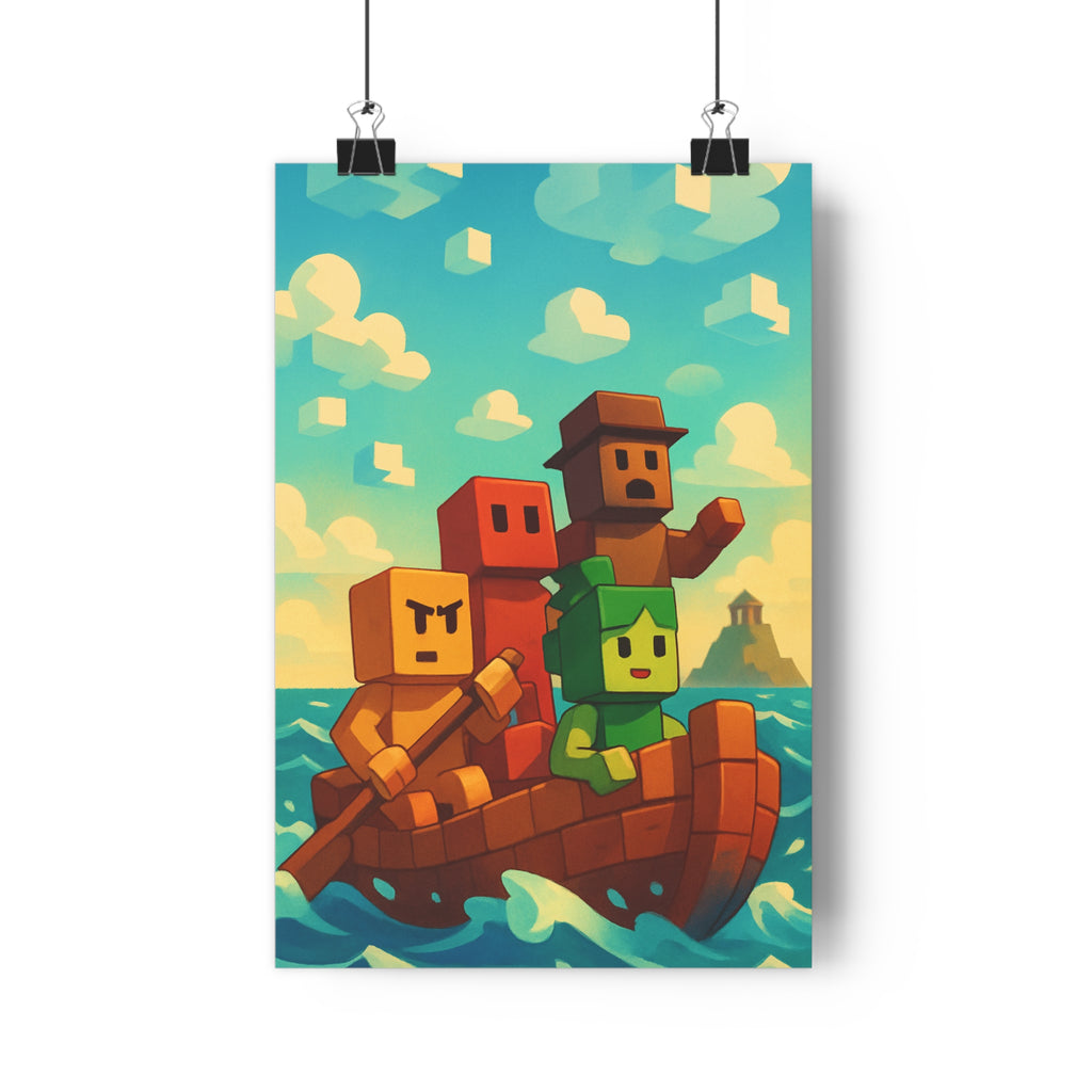 Poster décoratif aventure pixel art bleu vert chambre enfant moderne maritime captivant créatif unique