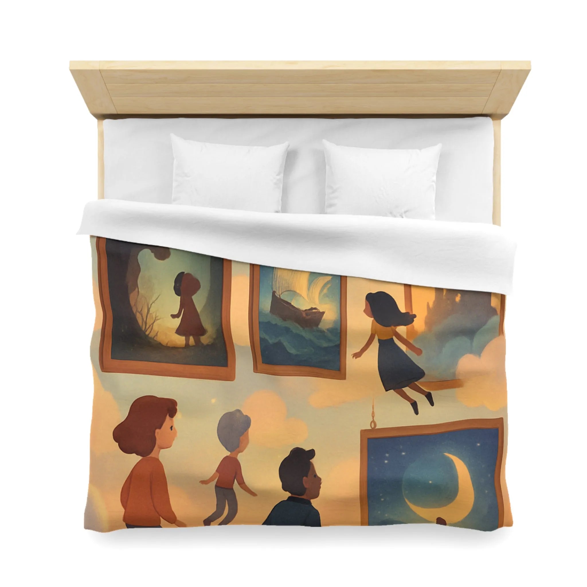 Housse de couette avec enfants volant parmi des tableaux de contes et de rêves
