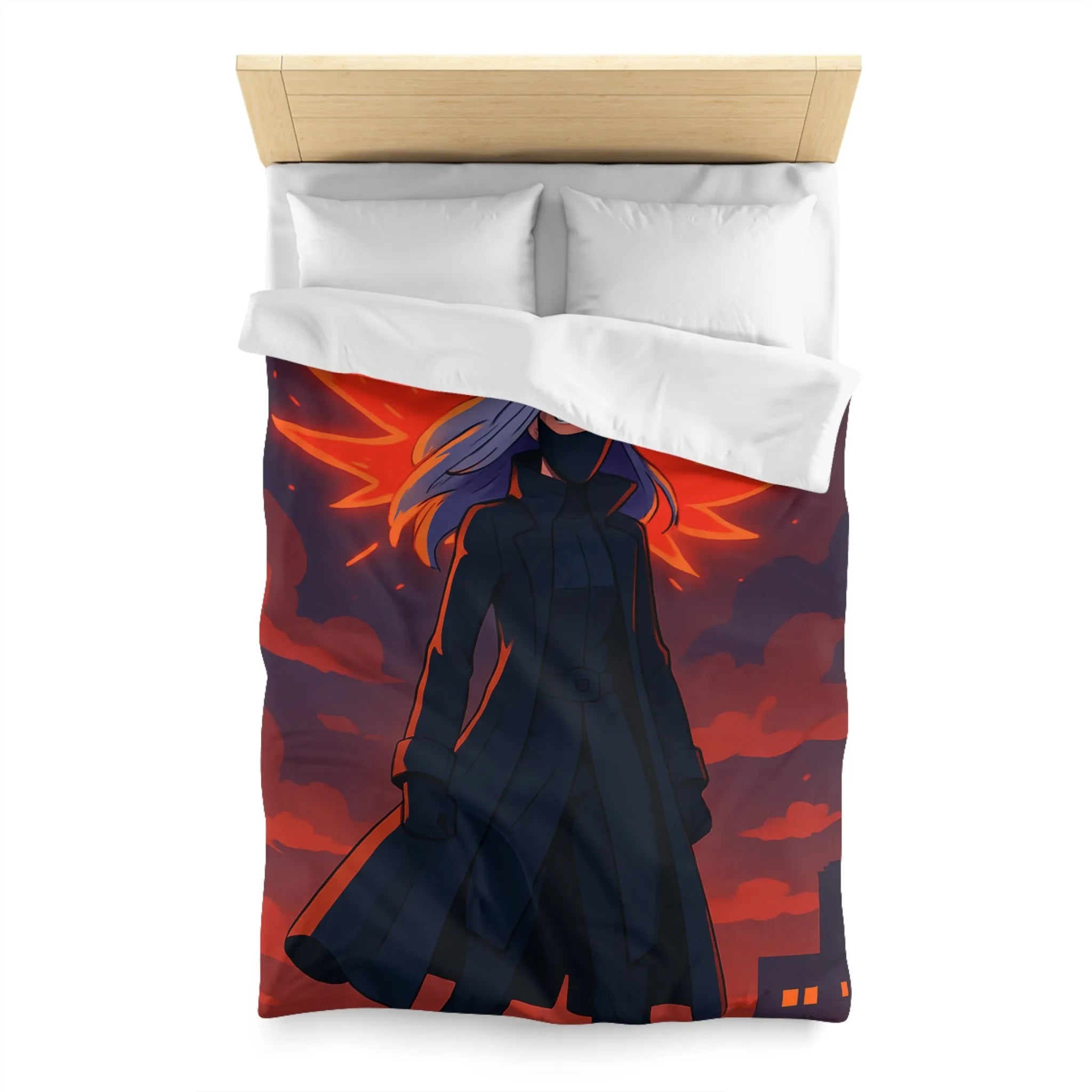 Housse de Couette Gothique avec Figure Angélique Ailée et Ville Enflammée Stylisée