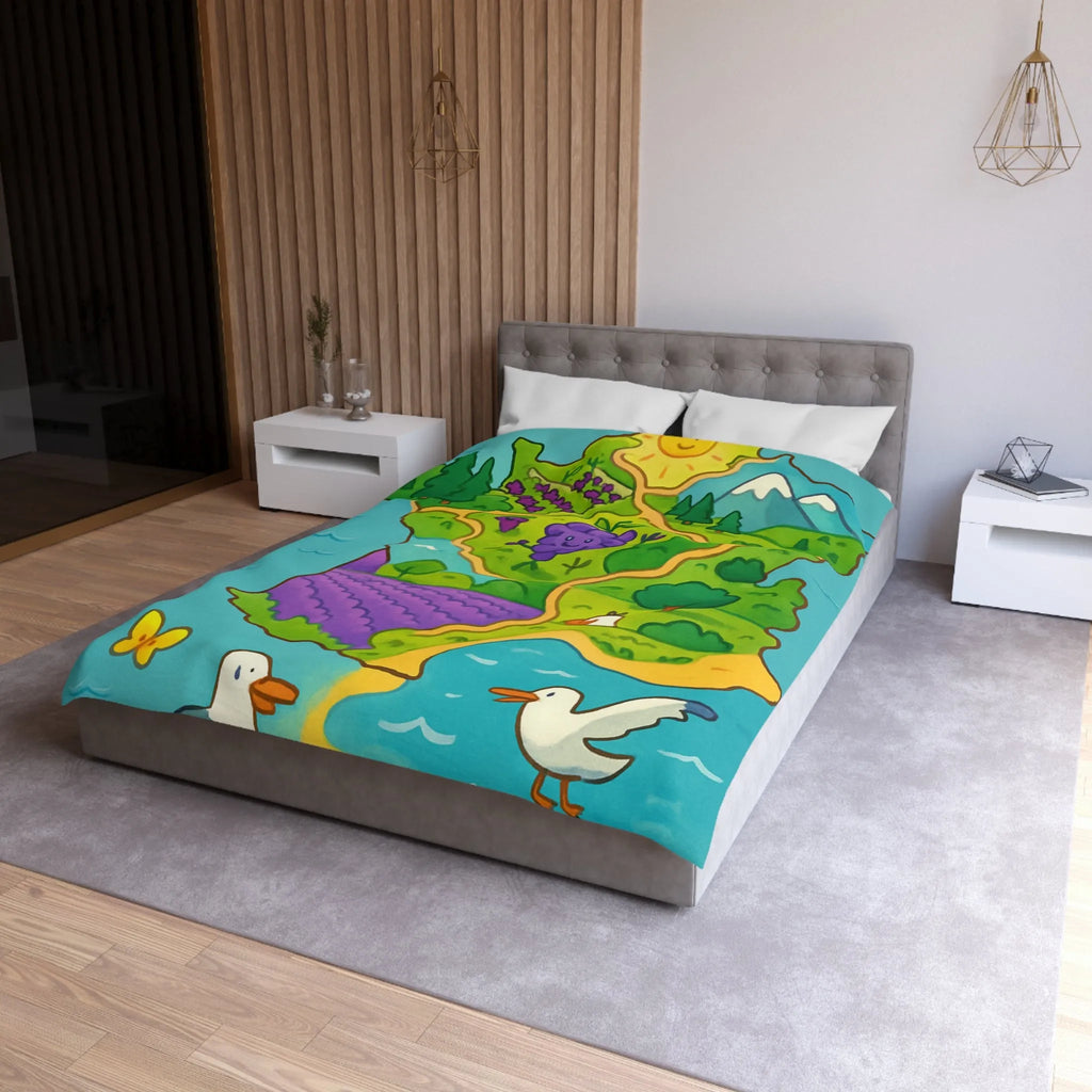 Carte colorée de France illustrée avec paysage ensoleillé et animaux adorables