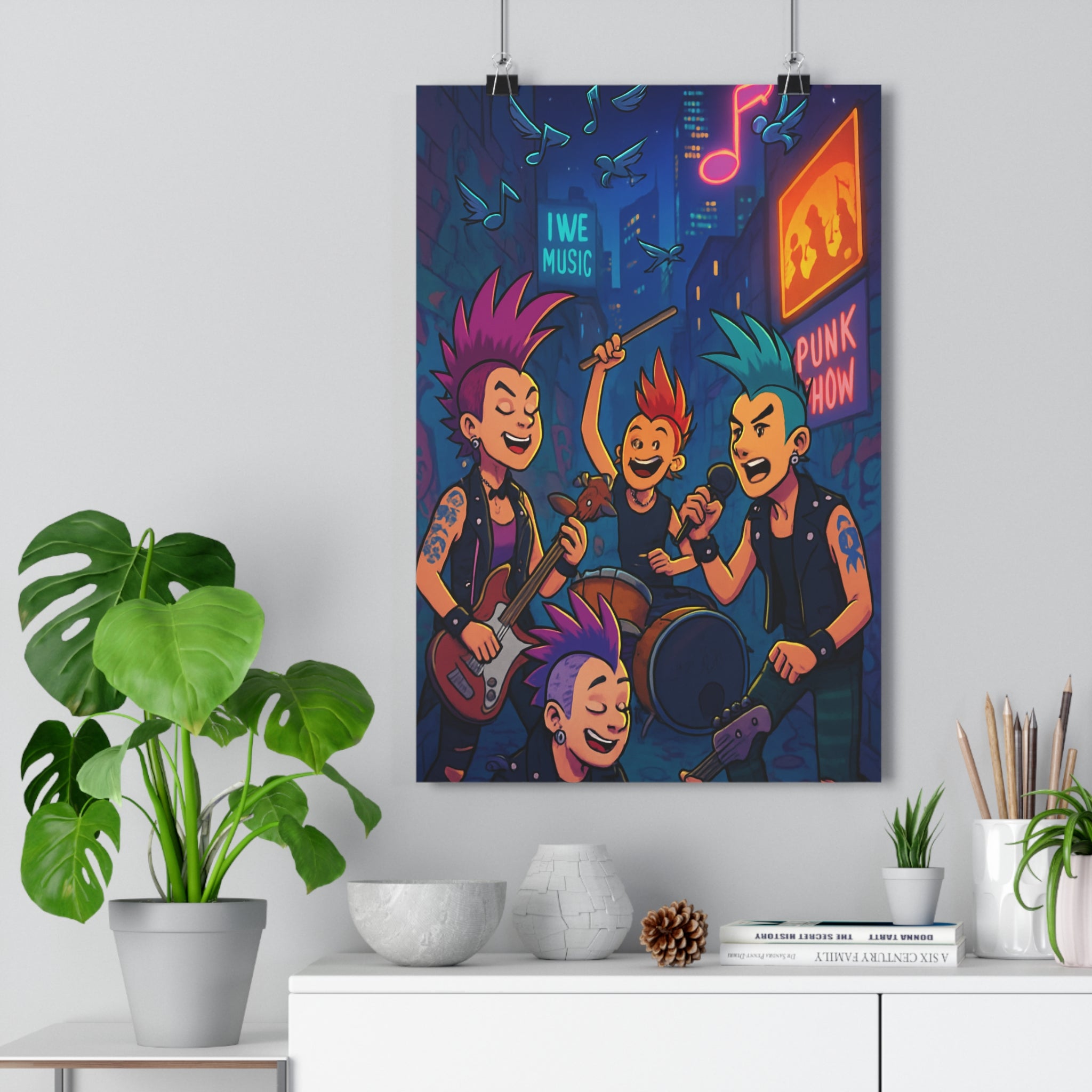 Poster décoratif urbain punk violet bleu cartoon rébellion dynamique salon moderne vibrant contemporain tendance