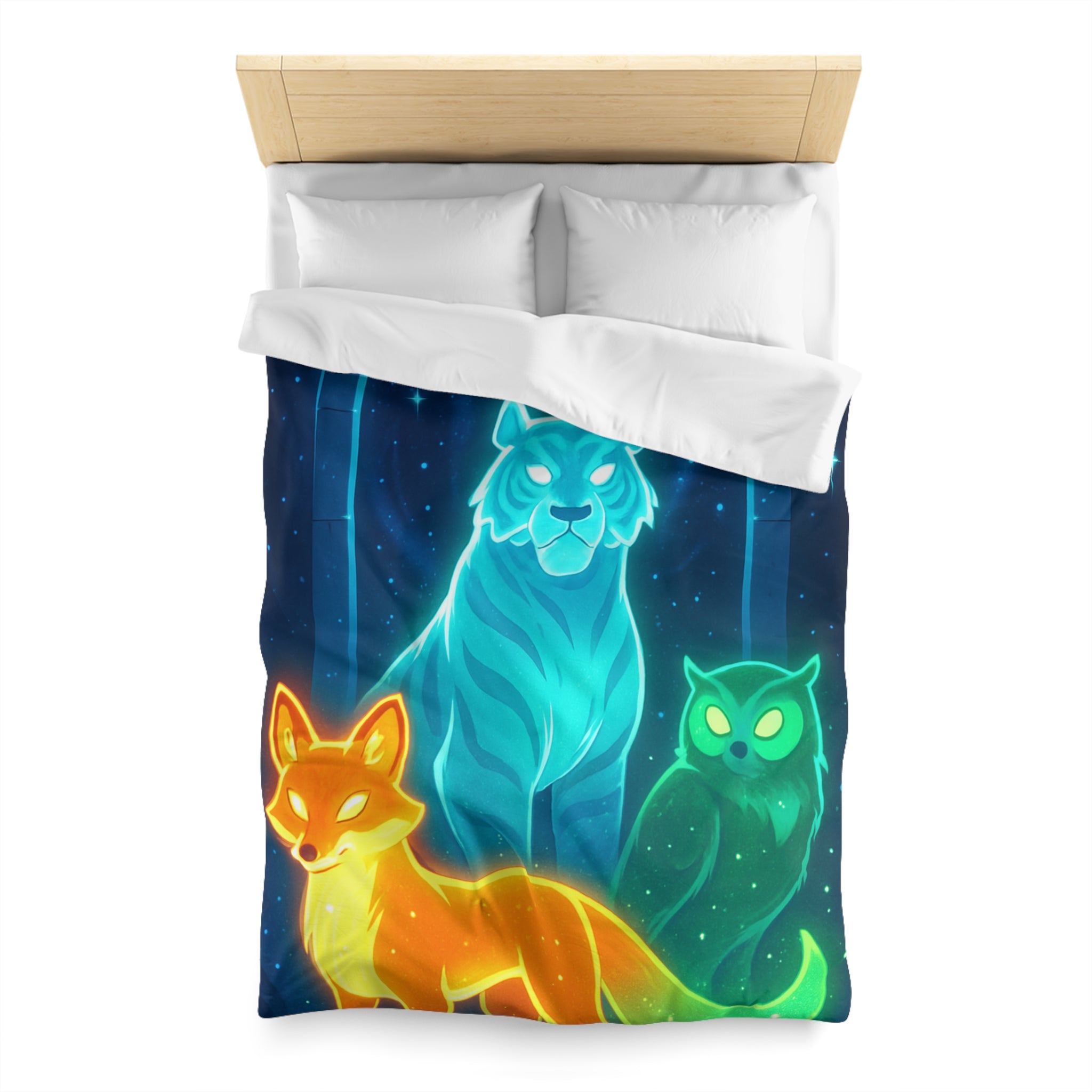 Mystérieuse housse de couette avec renard orange, tigre bleu, et hibou lumineux