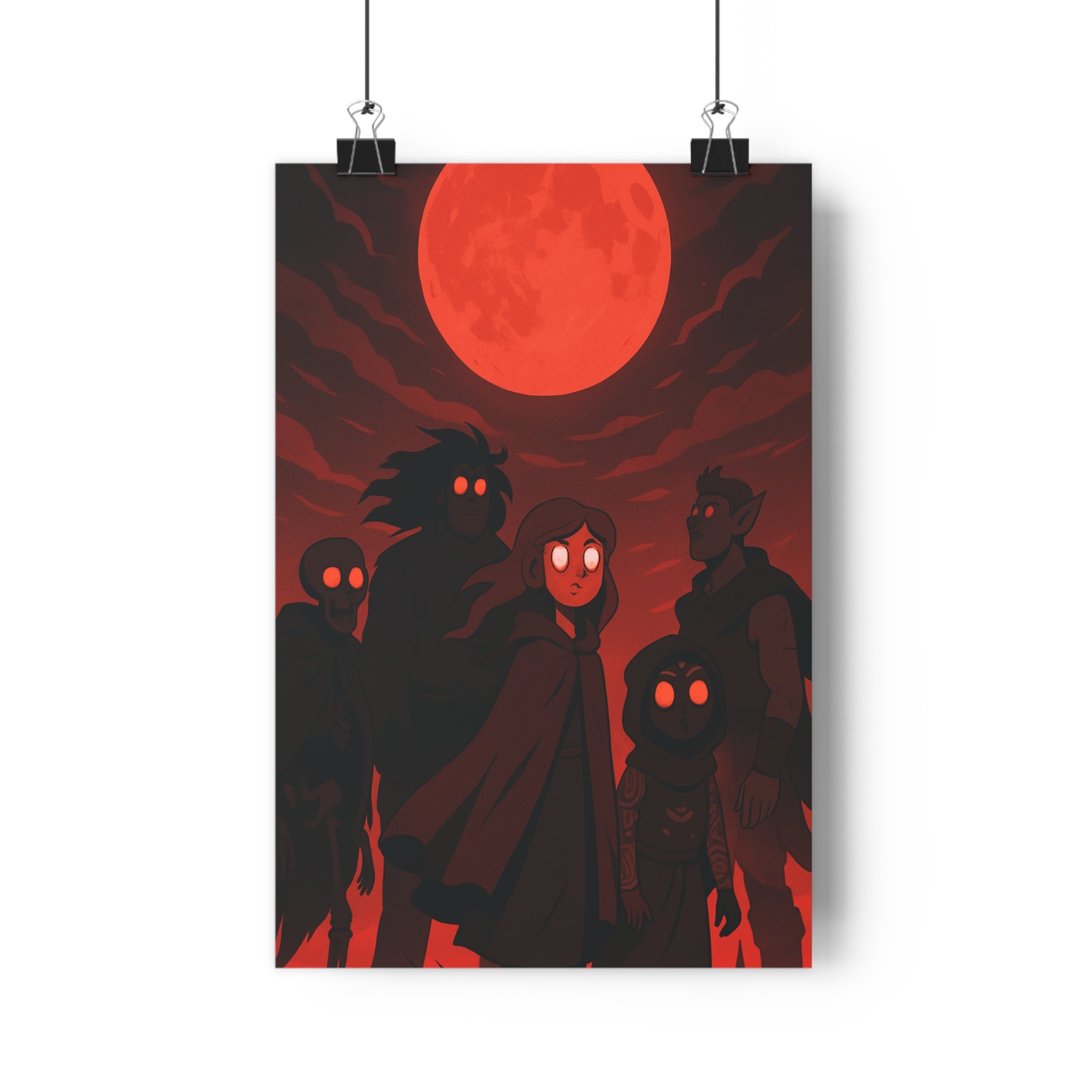 Poster décoratif dessin animé rouge noir mystique mystérieux salon chambre silhouettes intrigantes captivant design