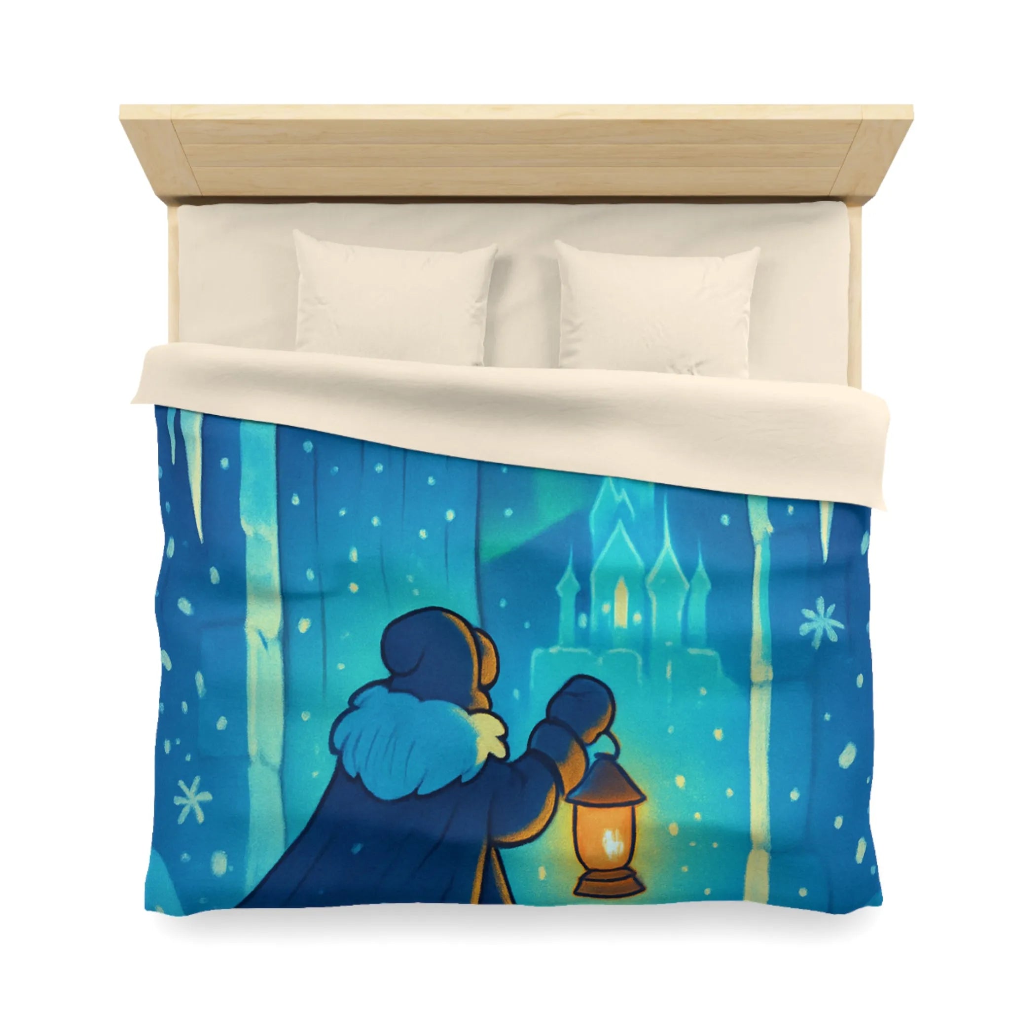 Housse de couette hivernale avec scène lumineuse de paysage enneigé et féérique