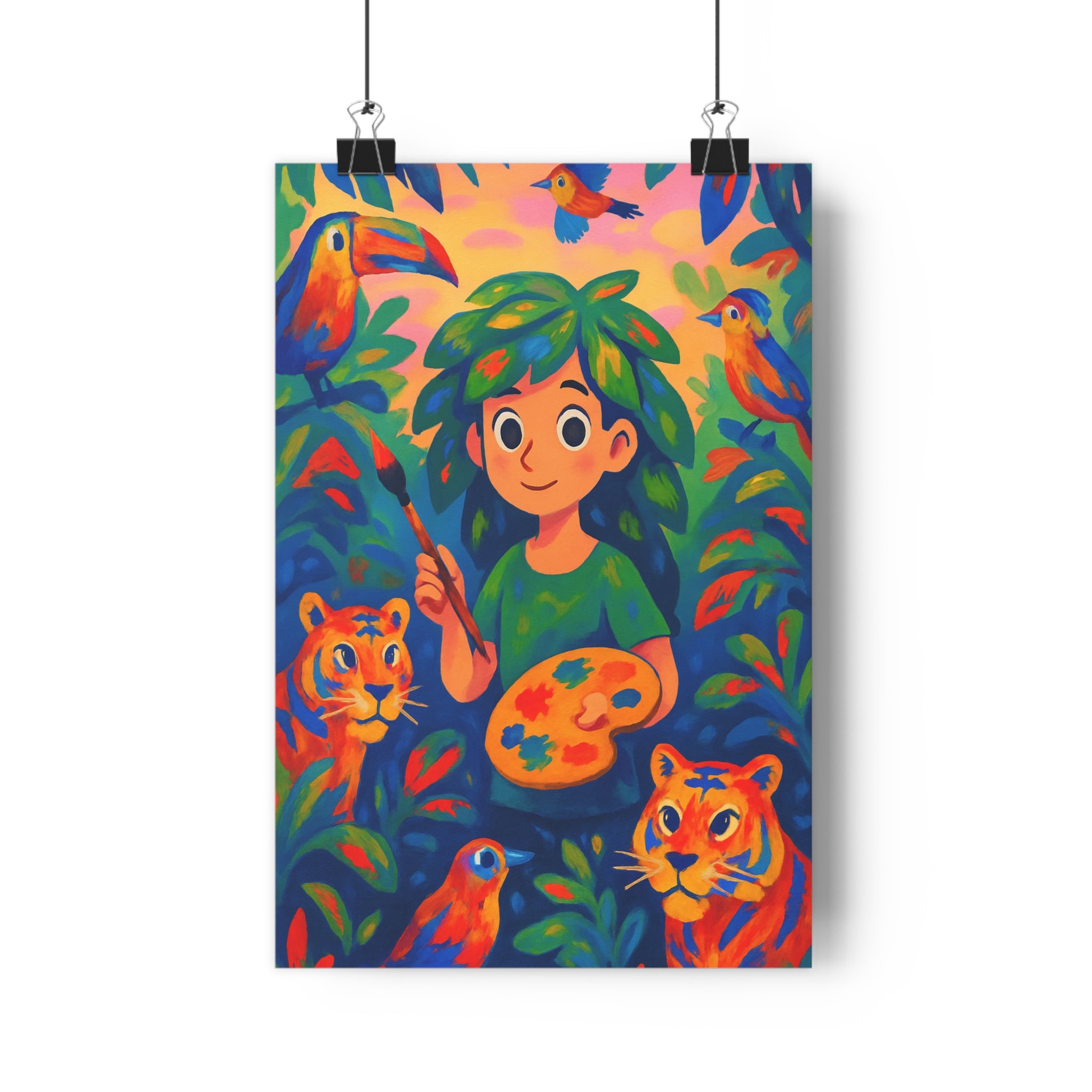 Poster décoratif jungle cartoon vibrant bleu orange vert salon chambre enfant art mural qualité