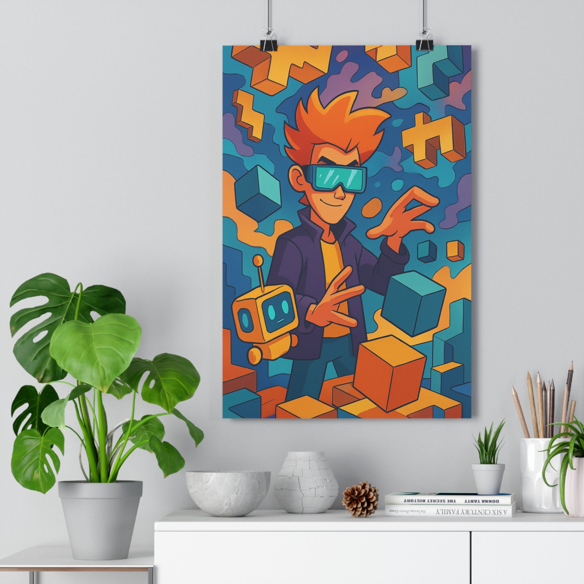 Poster décoratif aventure orange bleu cartoon dynamique chambre enfant futuriste lumineux joyeux moderne design