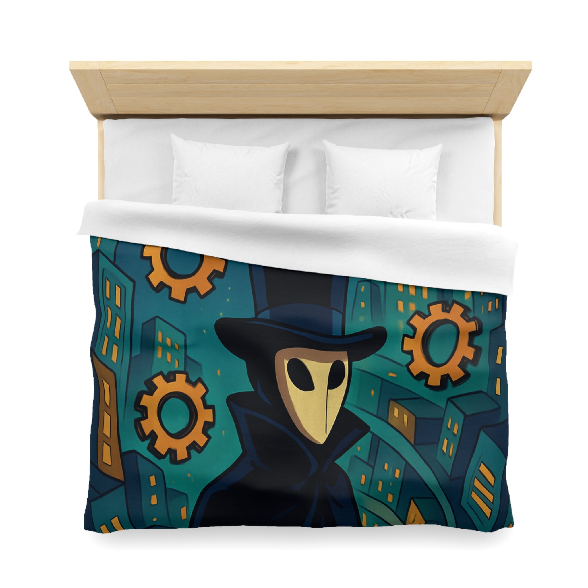 Housse de couette mystérieuse avec personnage masqué, engrenages dorés et ville nocturne