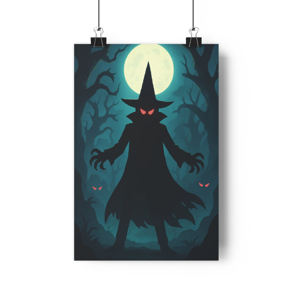 Poster décoratif sombre mystique cartoon bleu noir chambre salon ambiance mystérieuse silhouette captivante design