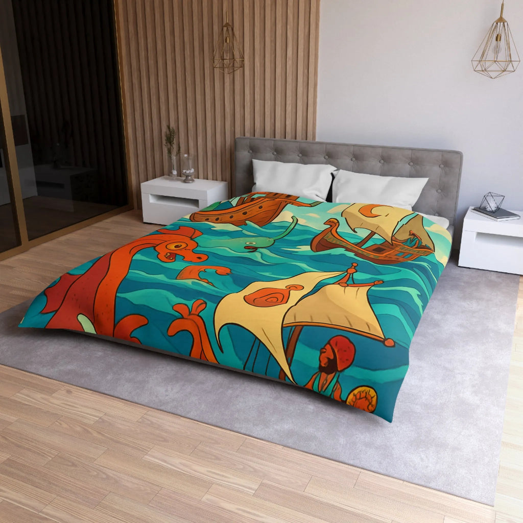 Housse de Couette Colorée avec Bateaux et Créatures Maritimes dans Stil Nautique Fantasy