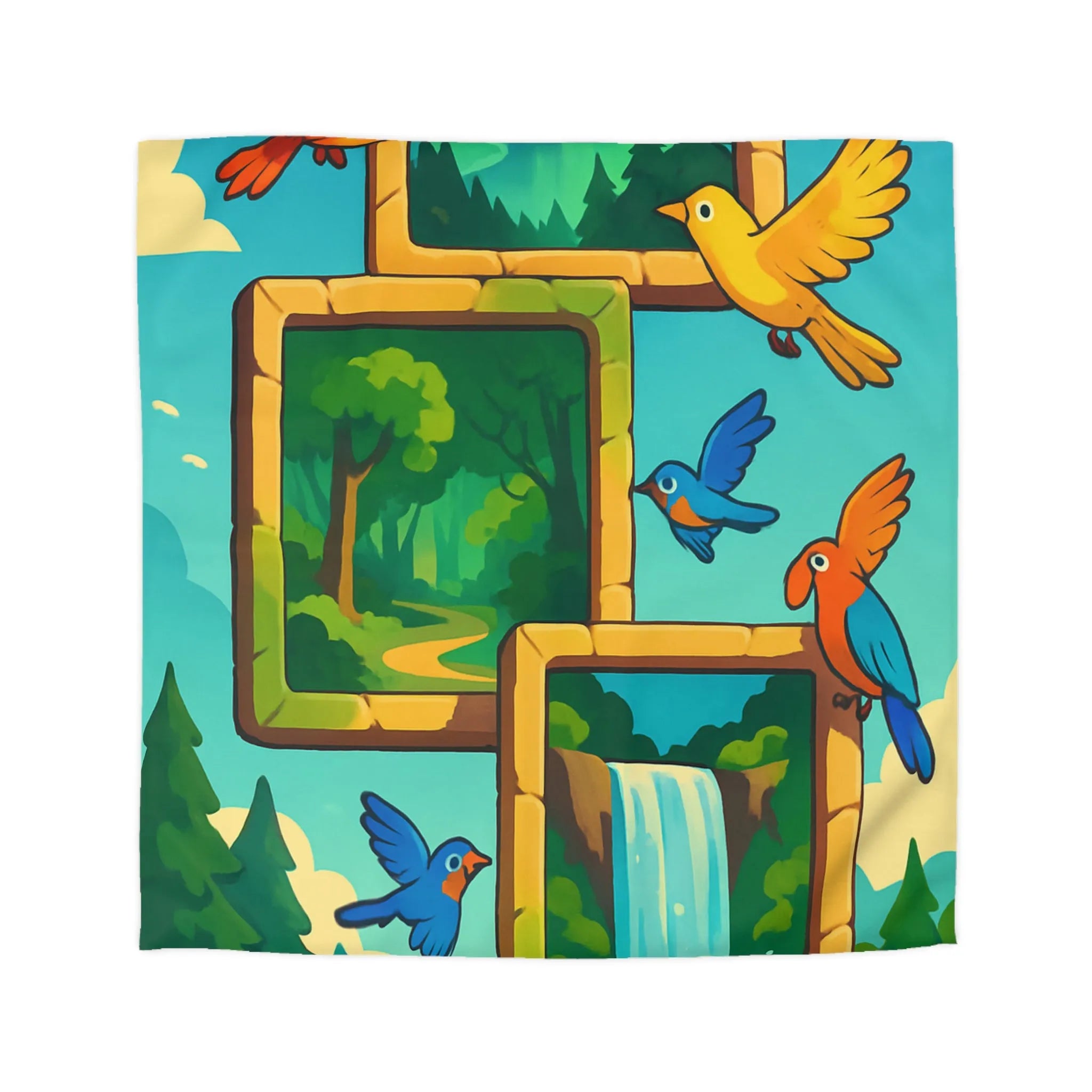 Housse de couette colorée avec oiseaux et scènes de nature paisible et dynamique