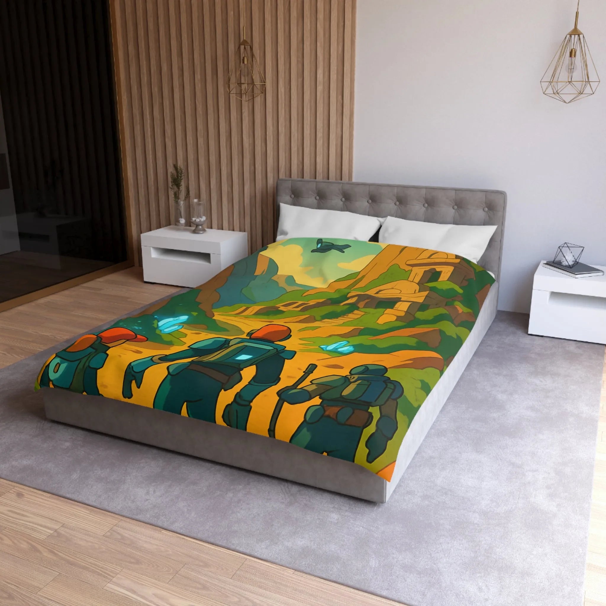 Housse de couette aventure futuriste espace, paysage montagne, explorateurs, vaisseaux et cristaux bleus