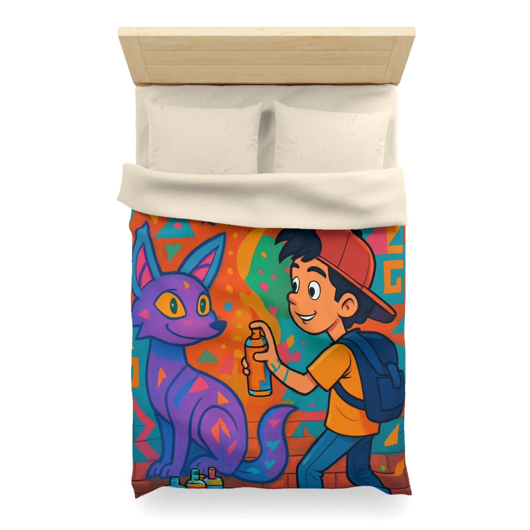 Housse de couette colorée pour enfant avec motifs graffiti et animaux urbains