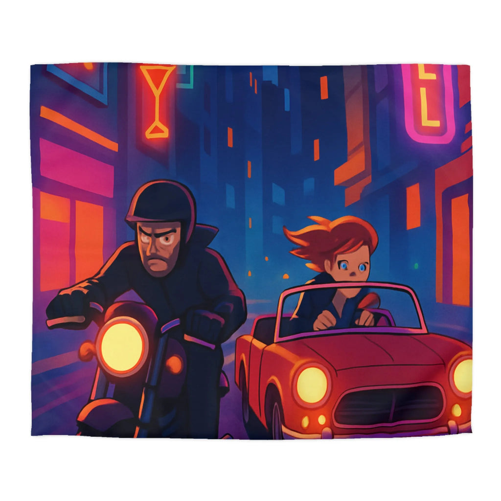 Housse de couette illustrant une scène urbaine nocturne animée avec moto et voiture