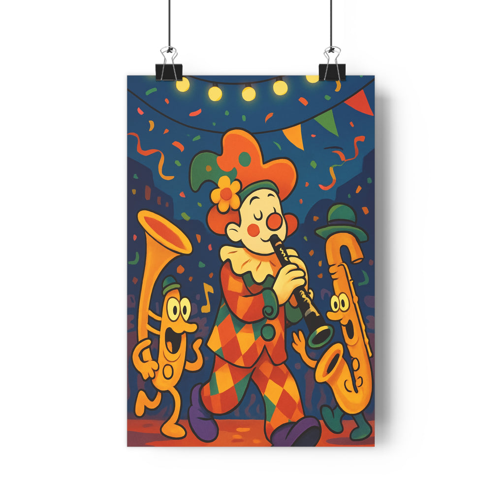 Poster décoratif cartoon jazz vibrant joyeux salon musique jaune bleu orange 30x46 scène ambiance