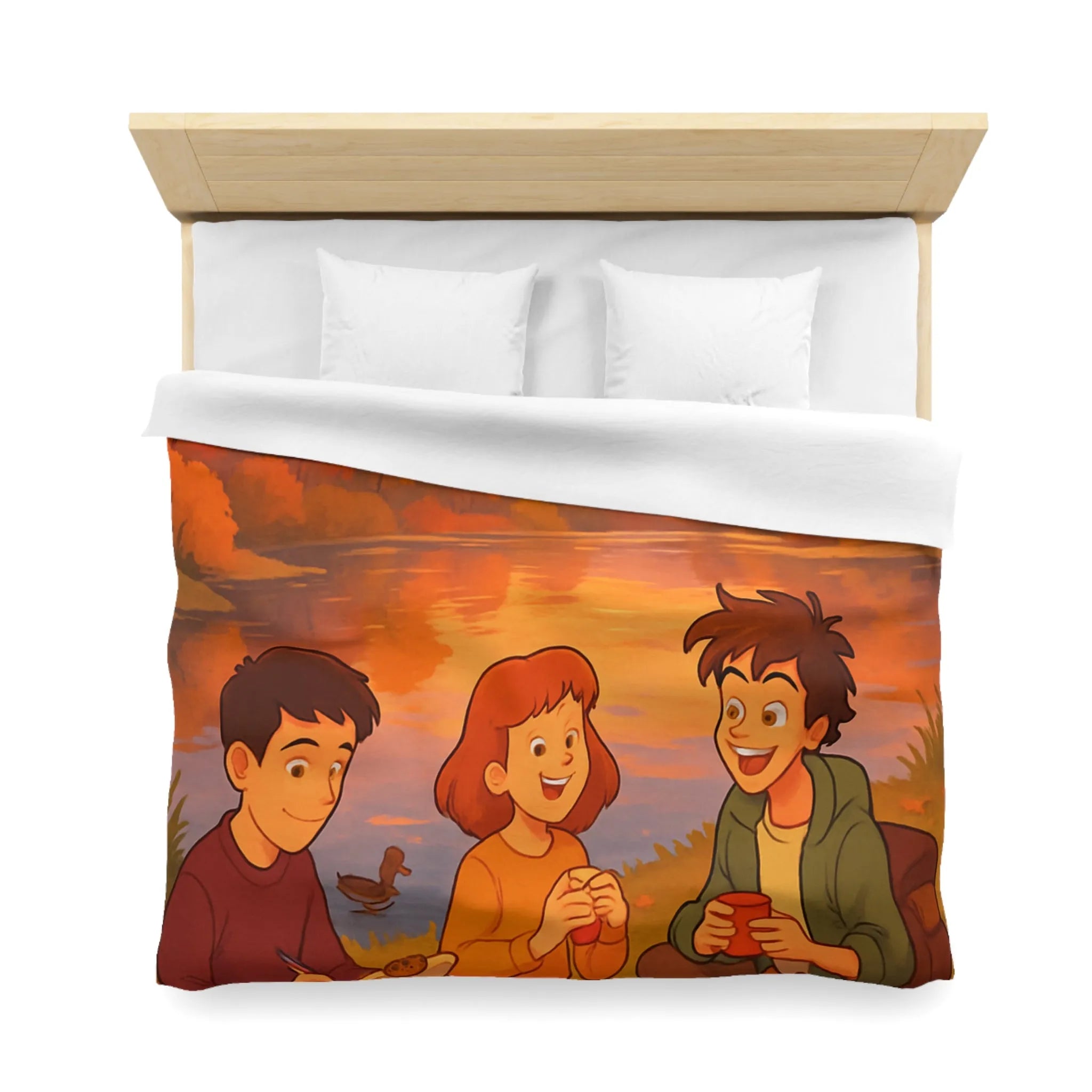 Housse de couette illustrée avec scène automnale de pique-nique au bord d'un lac