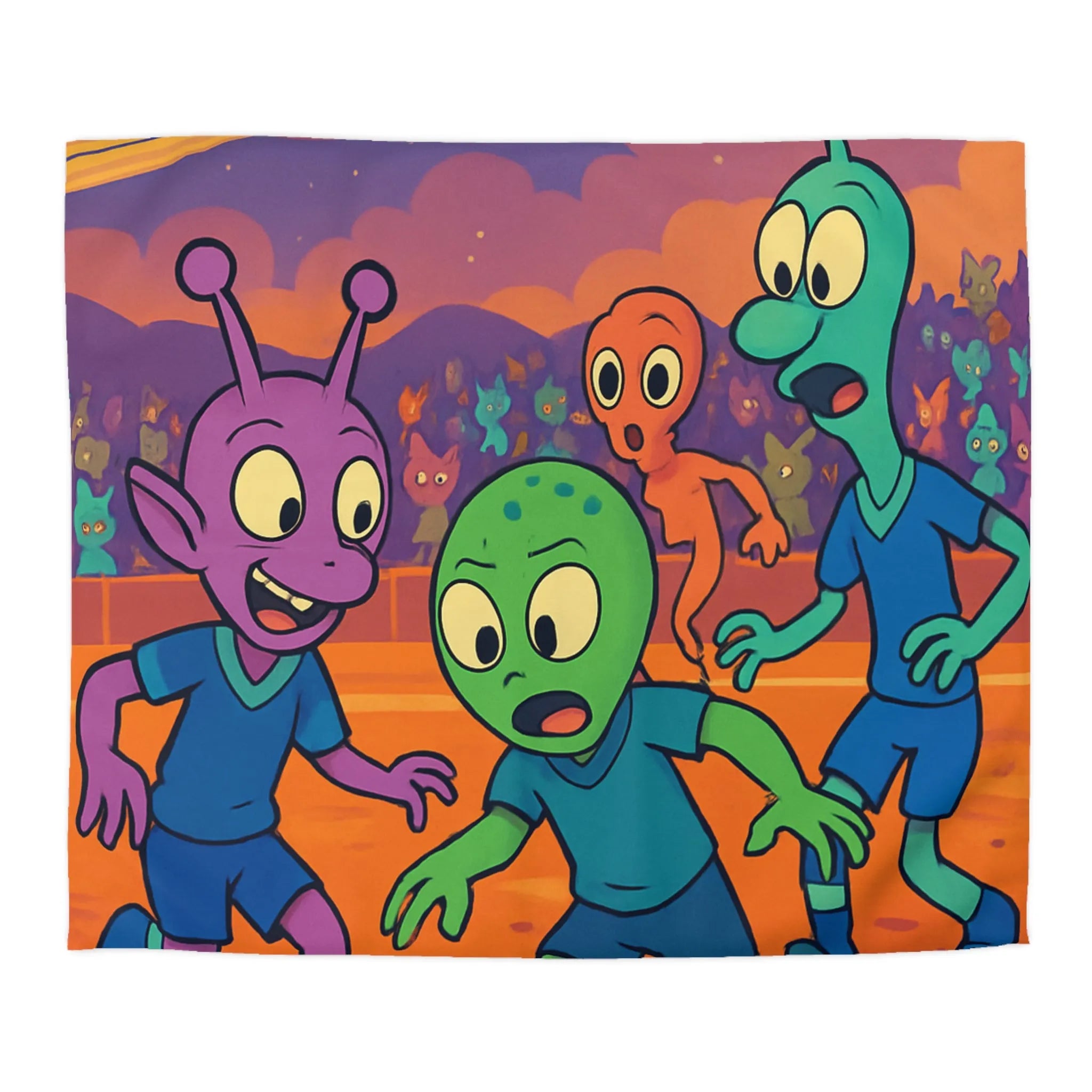 Housse de couette colorée avec extraterrestres jouant au football sous un ciel étoilé