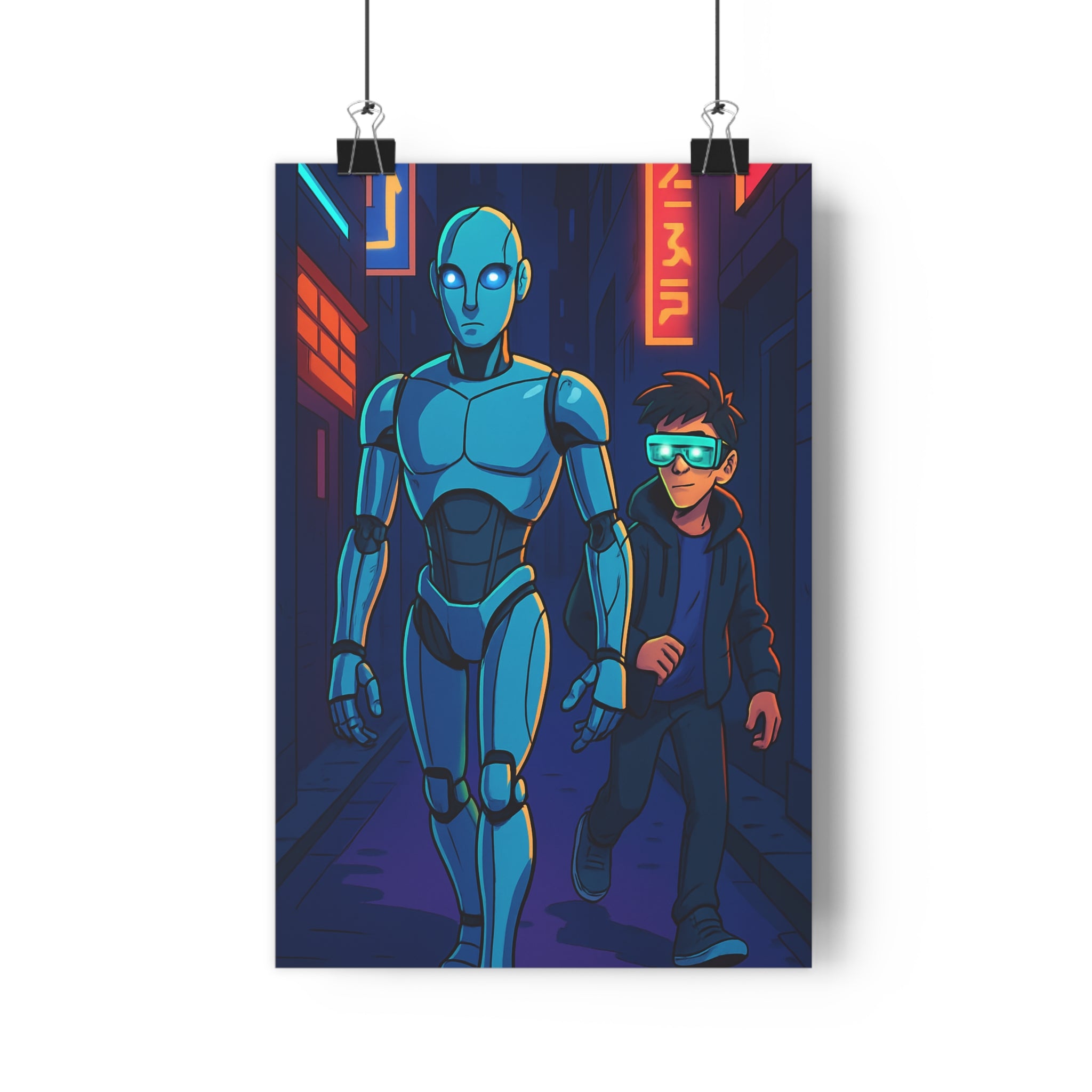 Poster décoratif futuriste bleu orange cyberpunk chambre bureau robot garçon lumineux néons captivant 30x46
