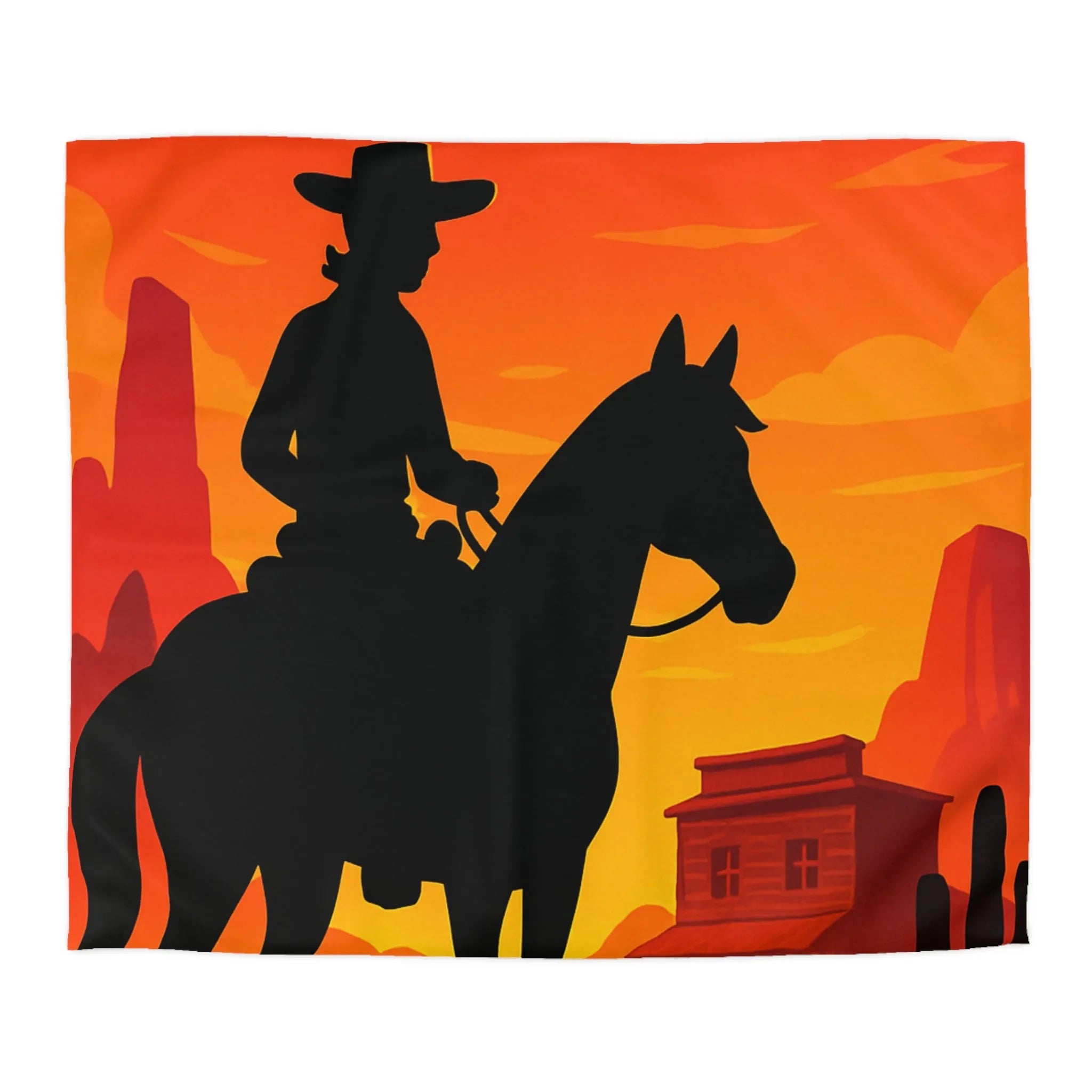 Housse de couette Far West cavalier cheval silhouette coucher de soleil scène désertique