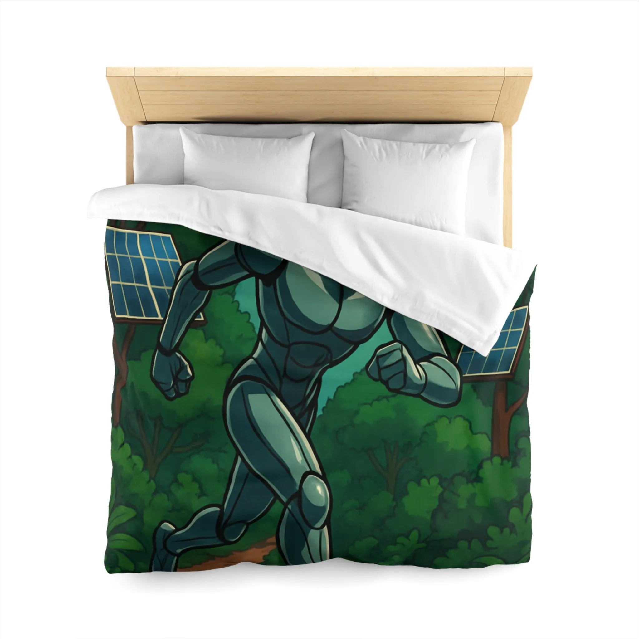 Housse de couette avec robot futuriste courant dans une jungle électrifiée et orageuse