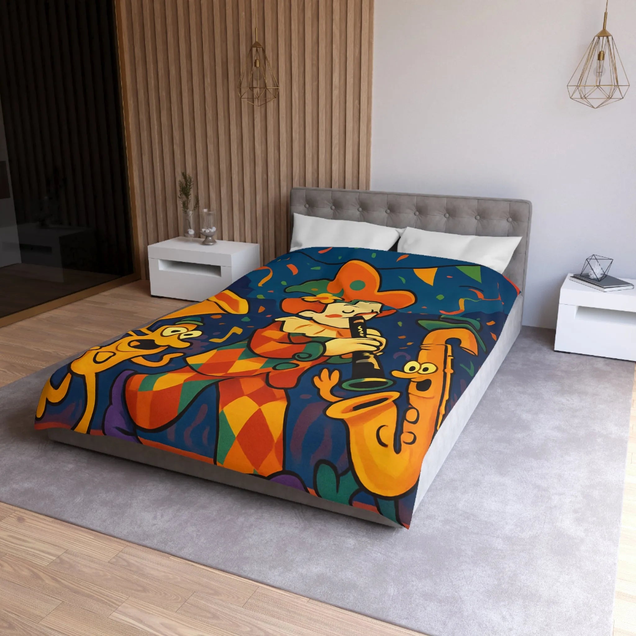 Housse de Couette Fantaisiste avec Clown et Instruments dans Parade Colorée et Lumineuse