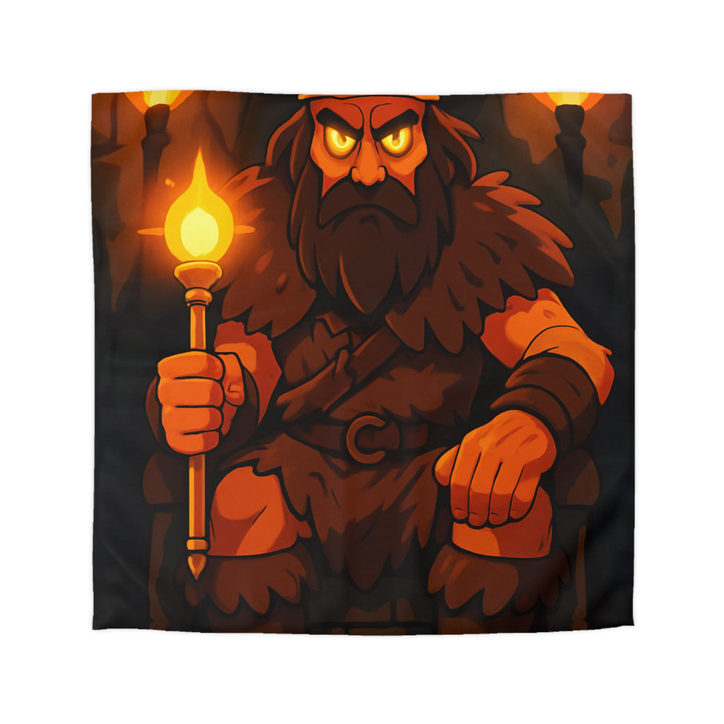 Housse de couette sombre et royale avec roi menaçant, couronne et torches flamboyantes