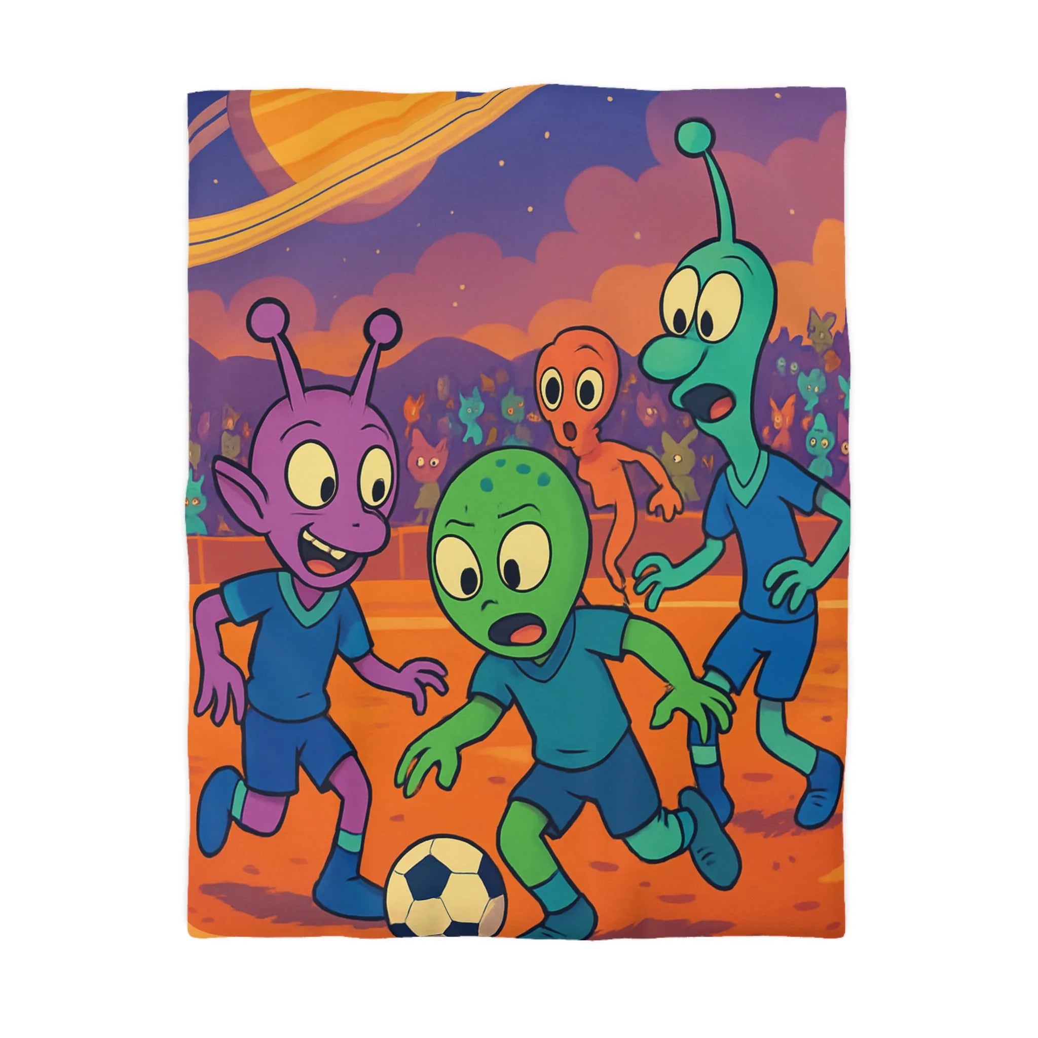 Housse de couette colorée avec extraterrestres jouant au football sous un ciel étoilé