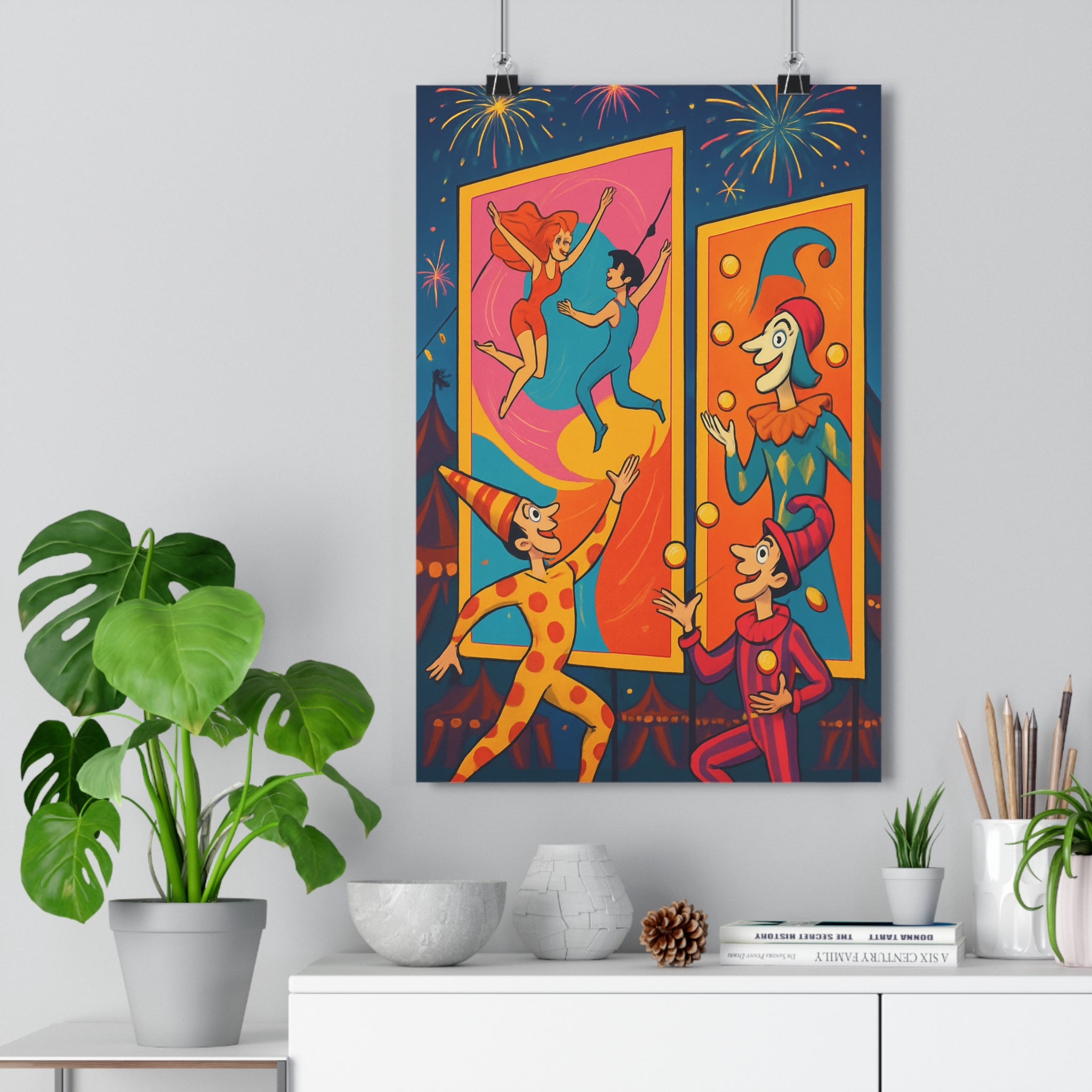 Poster décoratif dessin animé rouge bleu orange joyeux chambre enfant cirque carnaval acrobates jongleurs