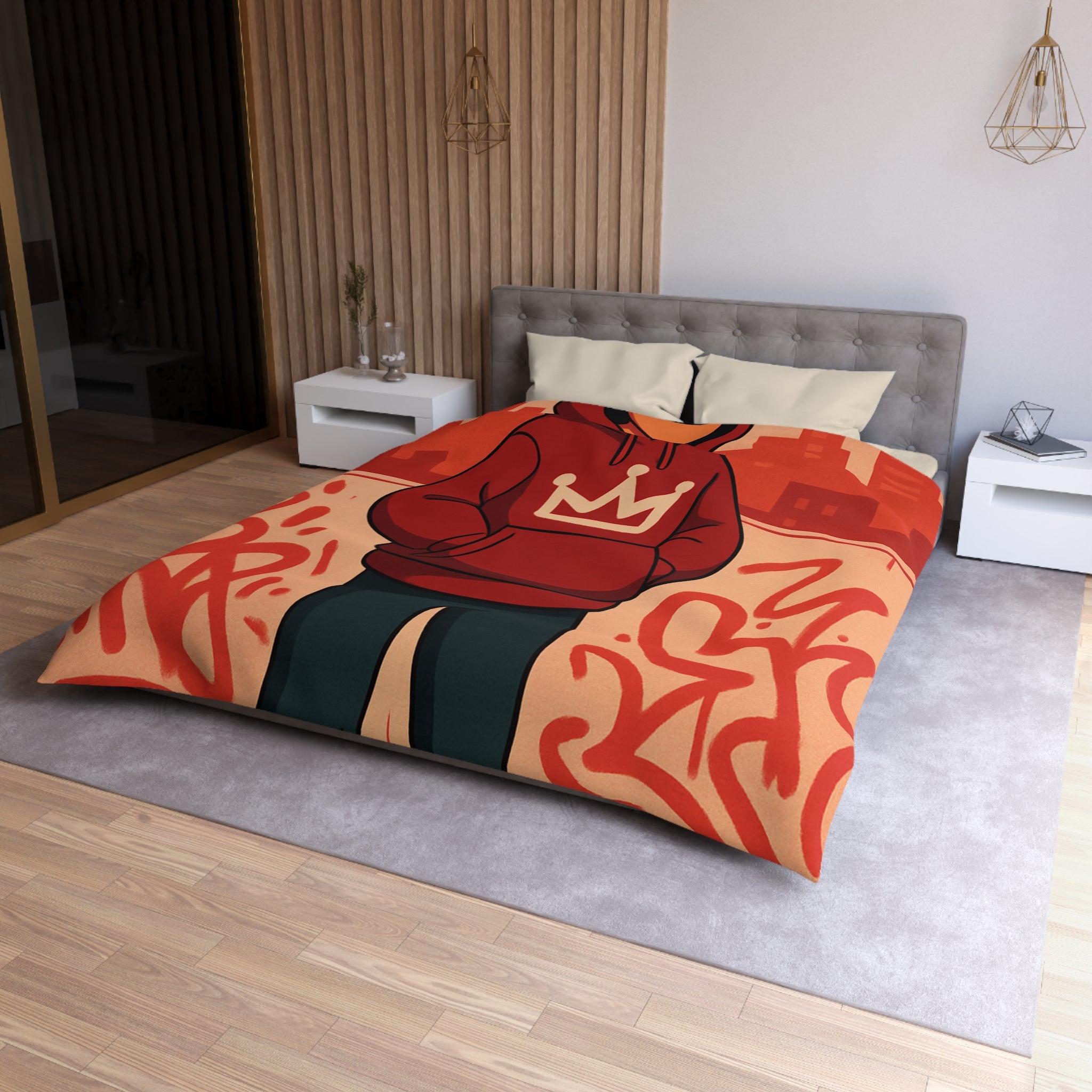 Housse de couette urbaine rouge avec motif couronne et graffiti artistique moderne