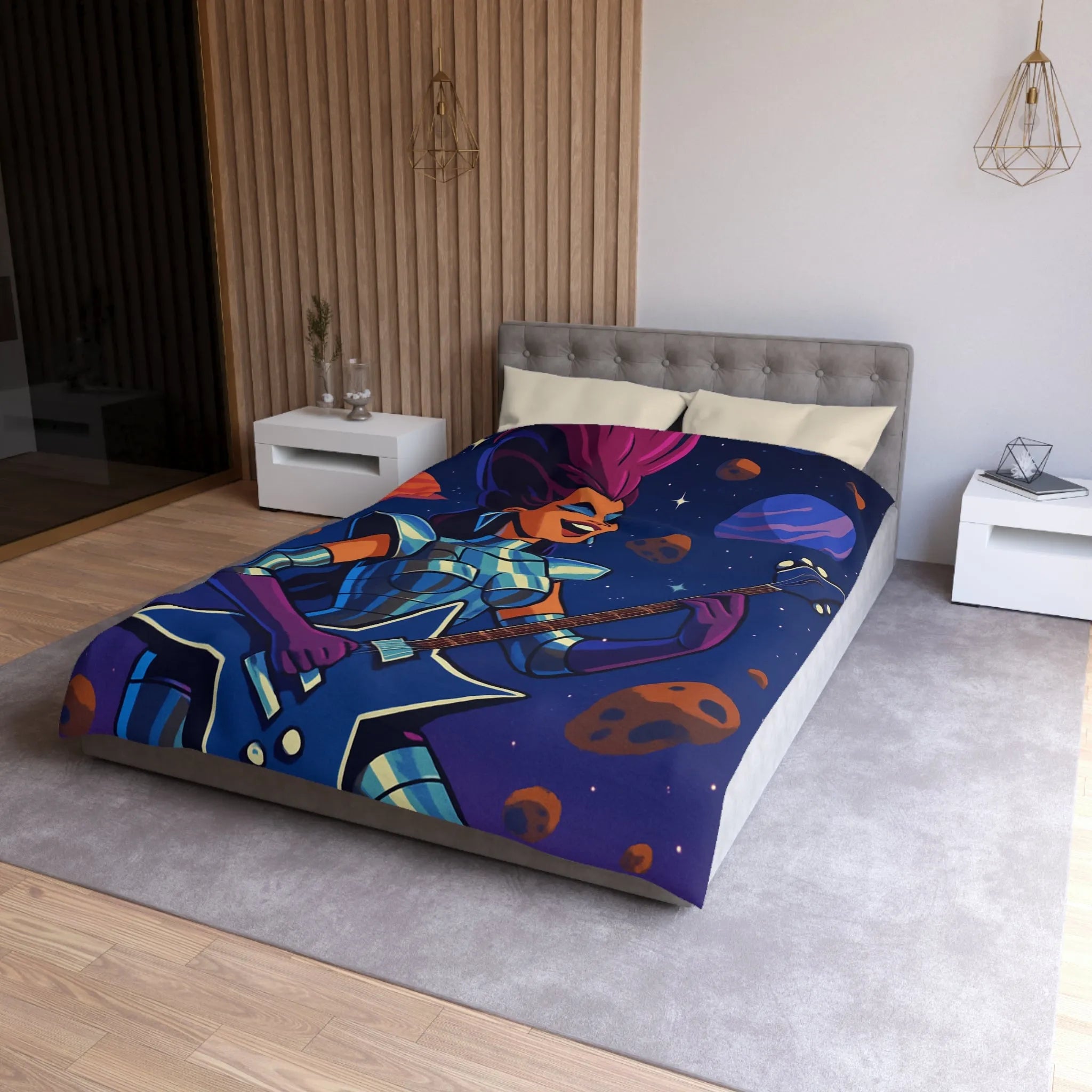 Housse de couette espace cosmique avec musicienne extraterrestre jouant de la guitare étoilée