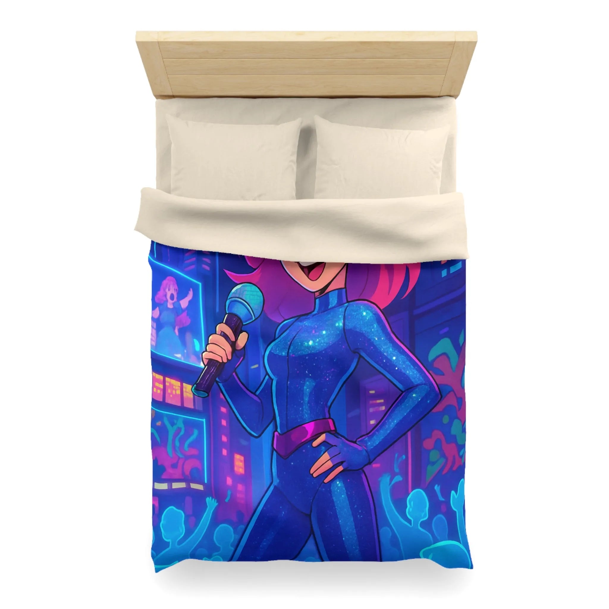 Housse de couette avec chanteuse animée en concert sur fond de ville illuminée